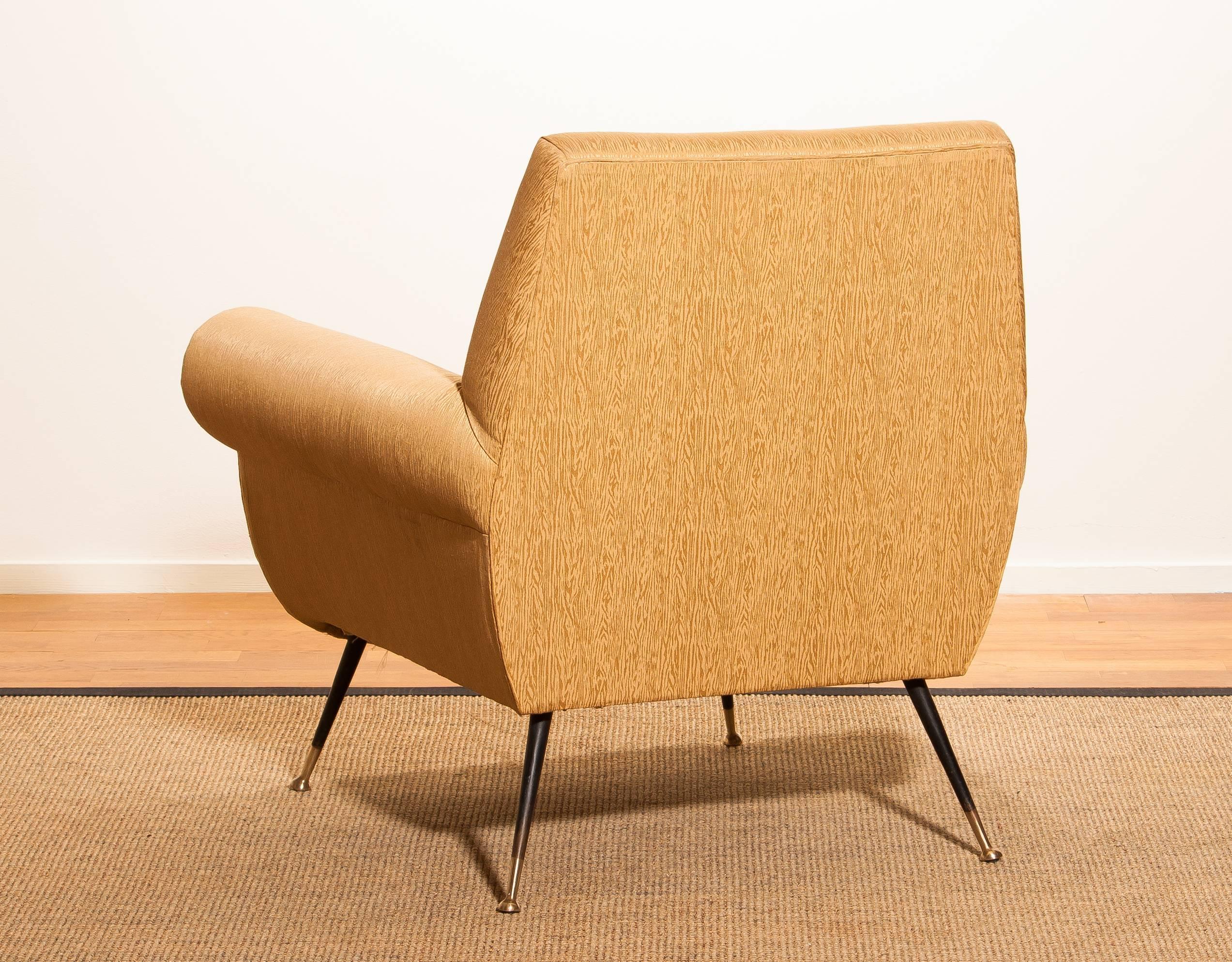 Italian Gigi Radice for Minotti Lounge Chair, Golden Jacquard and Brass Stiletto Legs