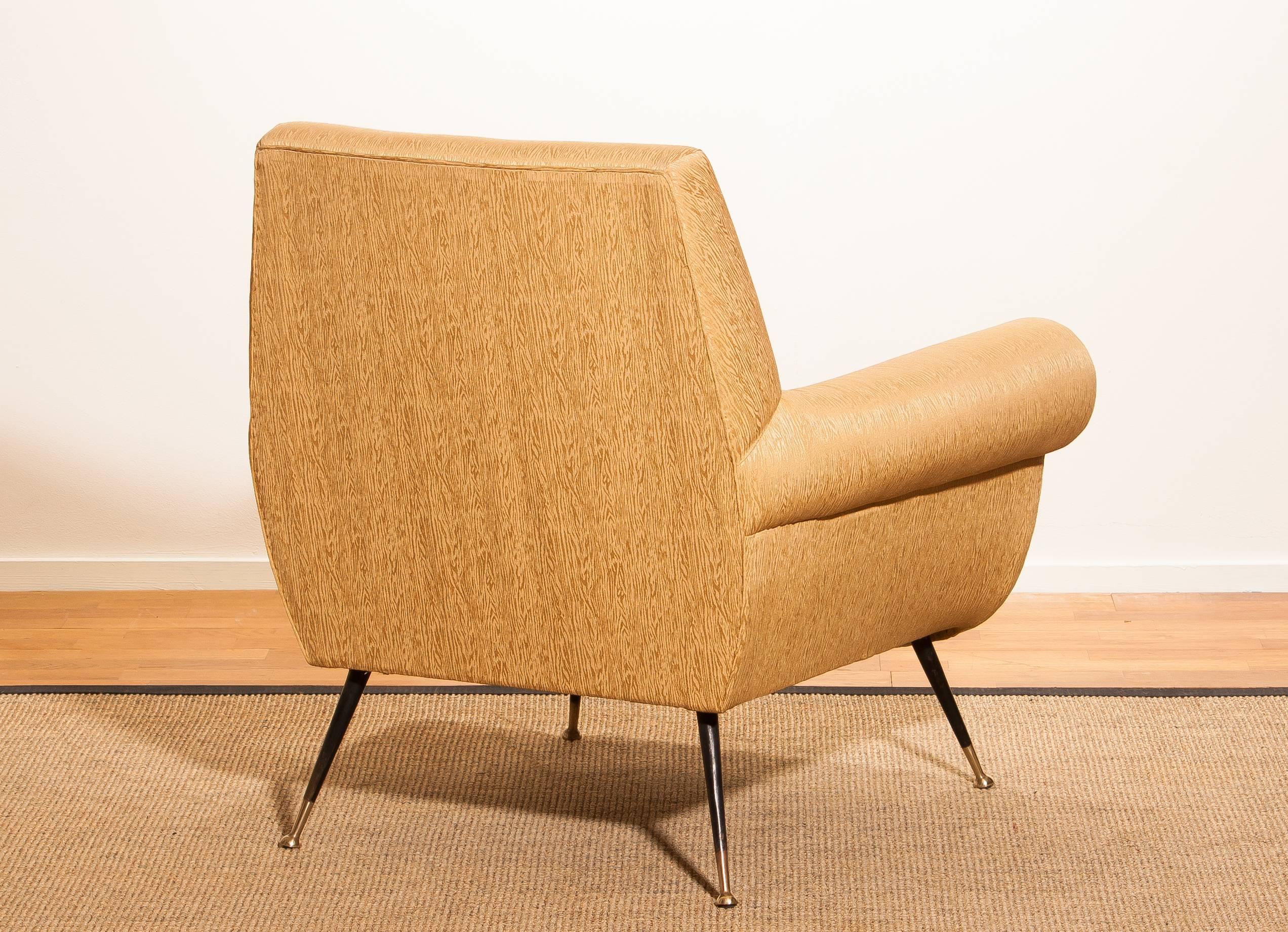 Mid-20th Century Gigi Radice for Minotti Lounge Chair, Golden Jacquard and Brass Stiletto Legs