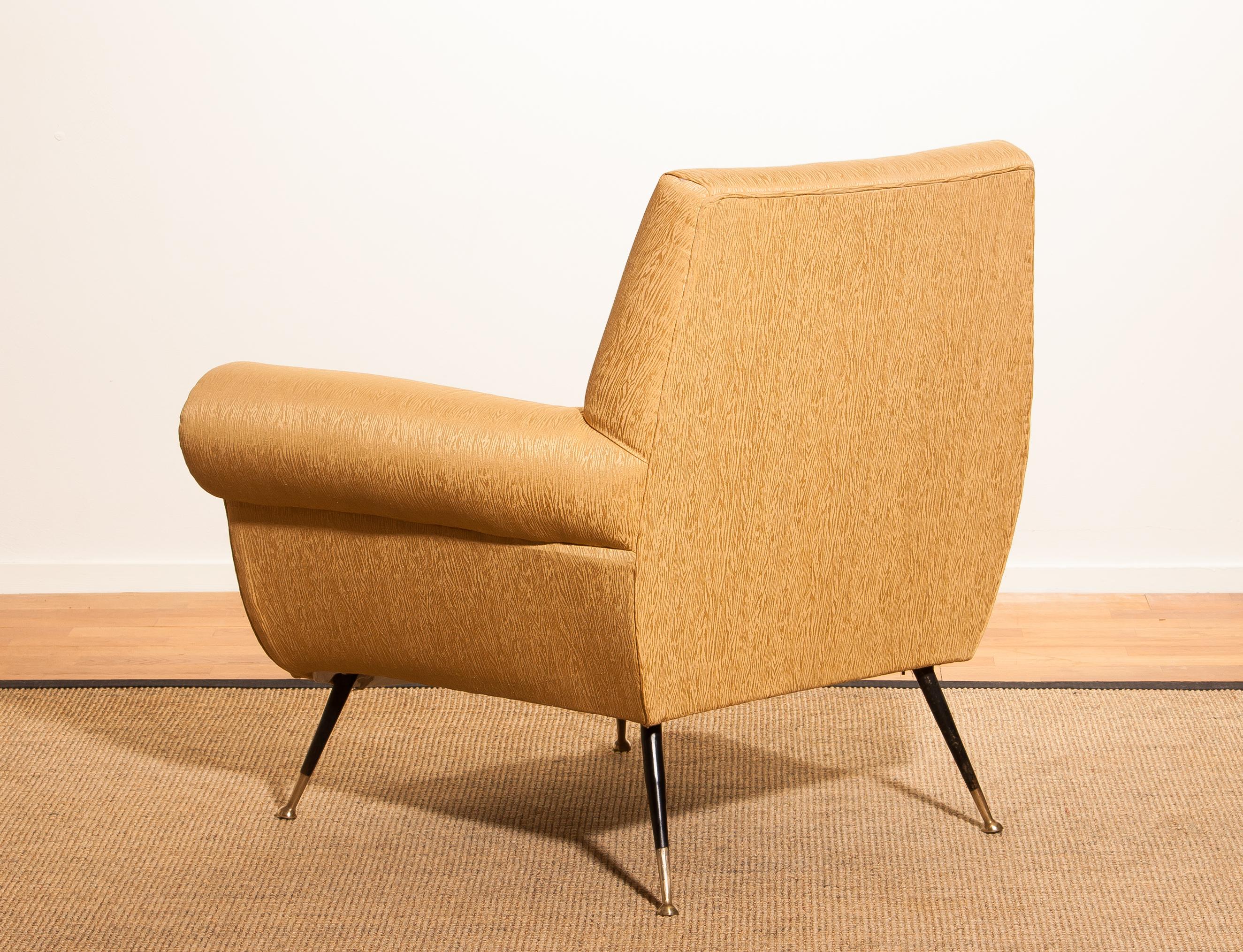 Mid-20th Century Gigi Radice for Minotti Lounge Chair, Golden Jacquard and Brass Stiletto Legs