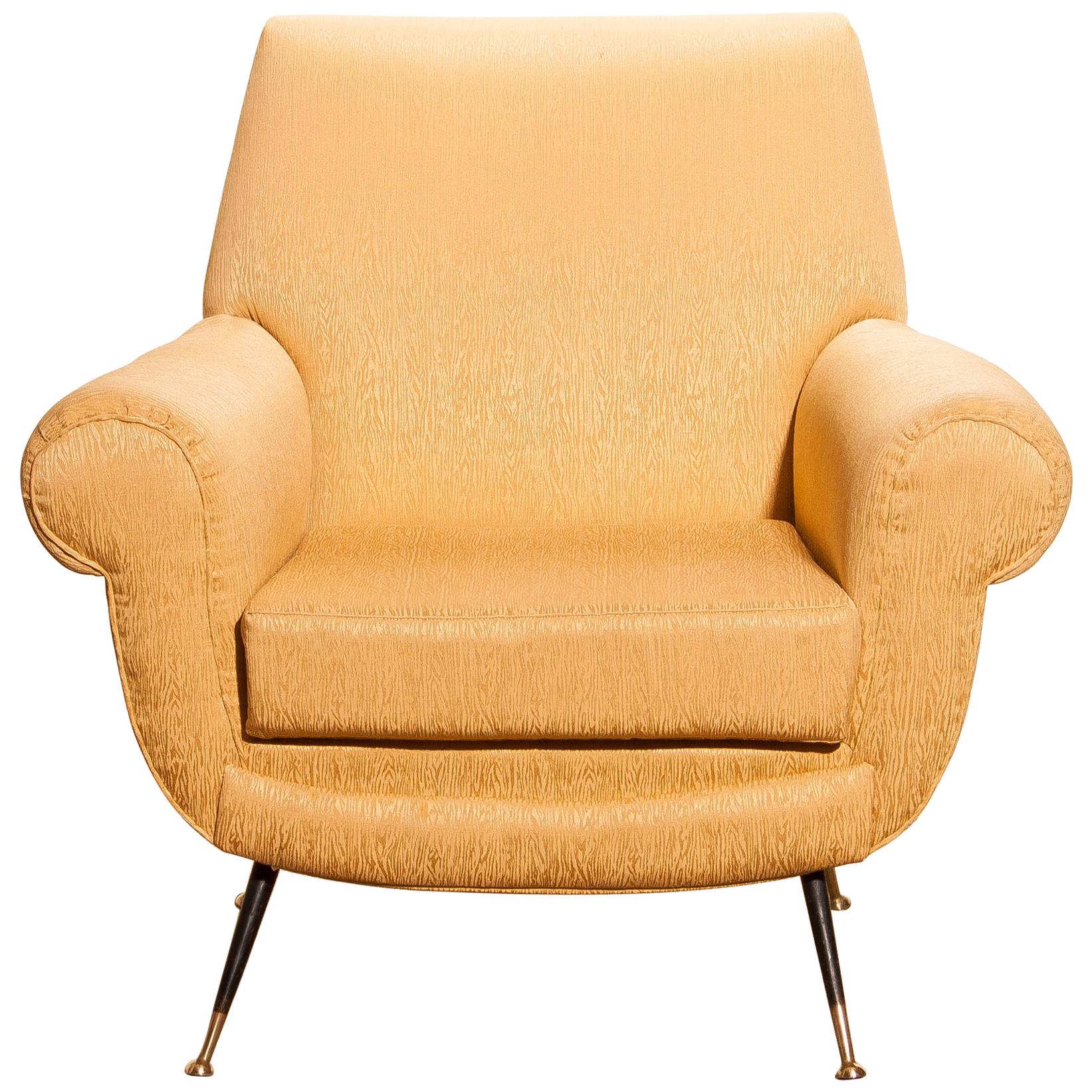 Gigi Radice for Minotti Lounge Chair, Golden Jacquard and Brass Stiletto Legs