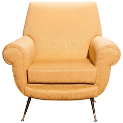 Gigi Radice for Minotti Lounge Chair, Golden Jacquard and Brass Stiletto Legs