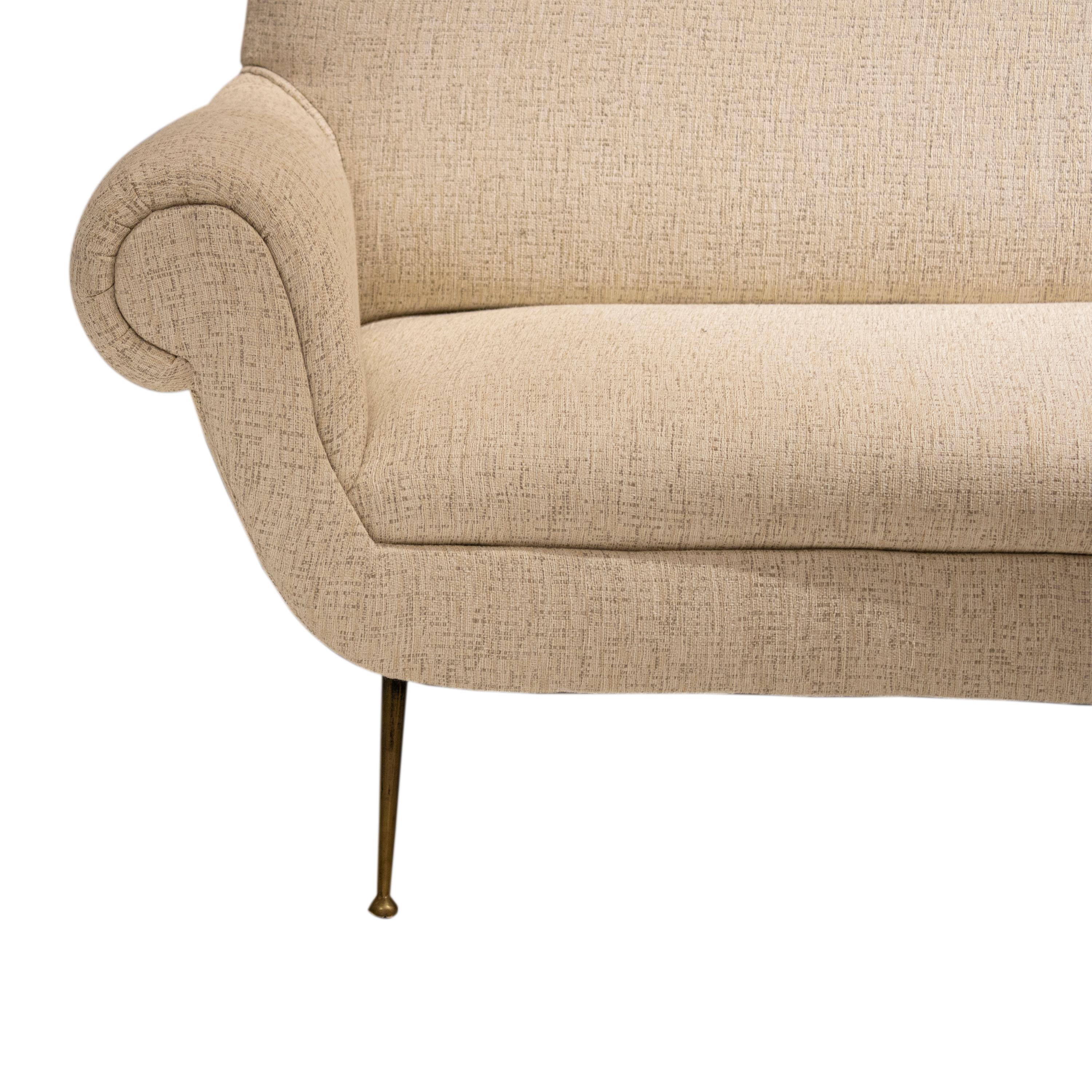 A stunning curved three-seat sofa designed by Italian designer Gigi Radice and edited by Minotti. Structure made of solid wood with metal legs. Newly reupholstered in chenille cotton. Italy, 1950s.

Every item LA Studio offers is checked by our team