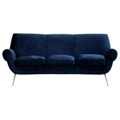 Gigi Radice Mid-Century Modern Midnight Blue Cotton Velvet Curved Italian Sofa