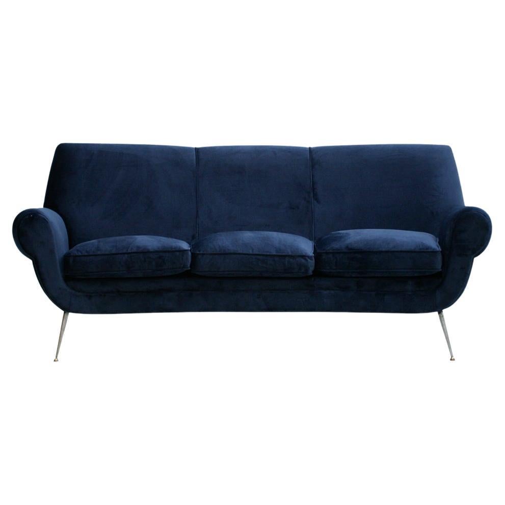 Gigi Radice Mid-Century Modern Midnight Blue Cotton Velvet Curved Italian Sofa