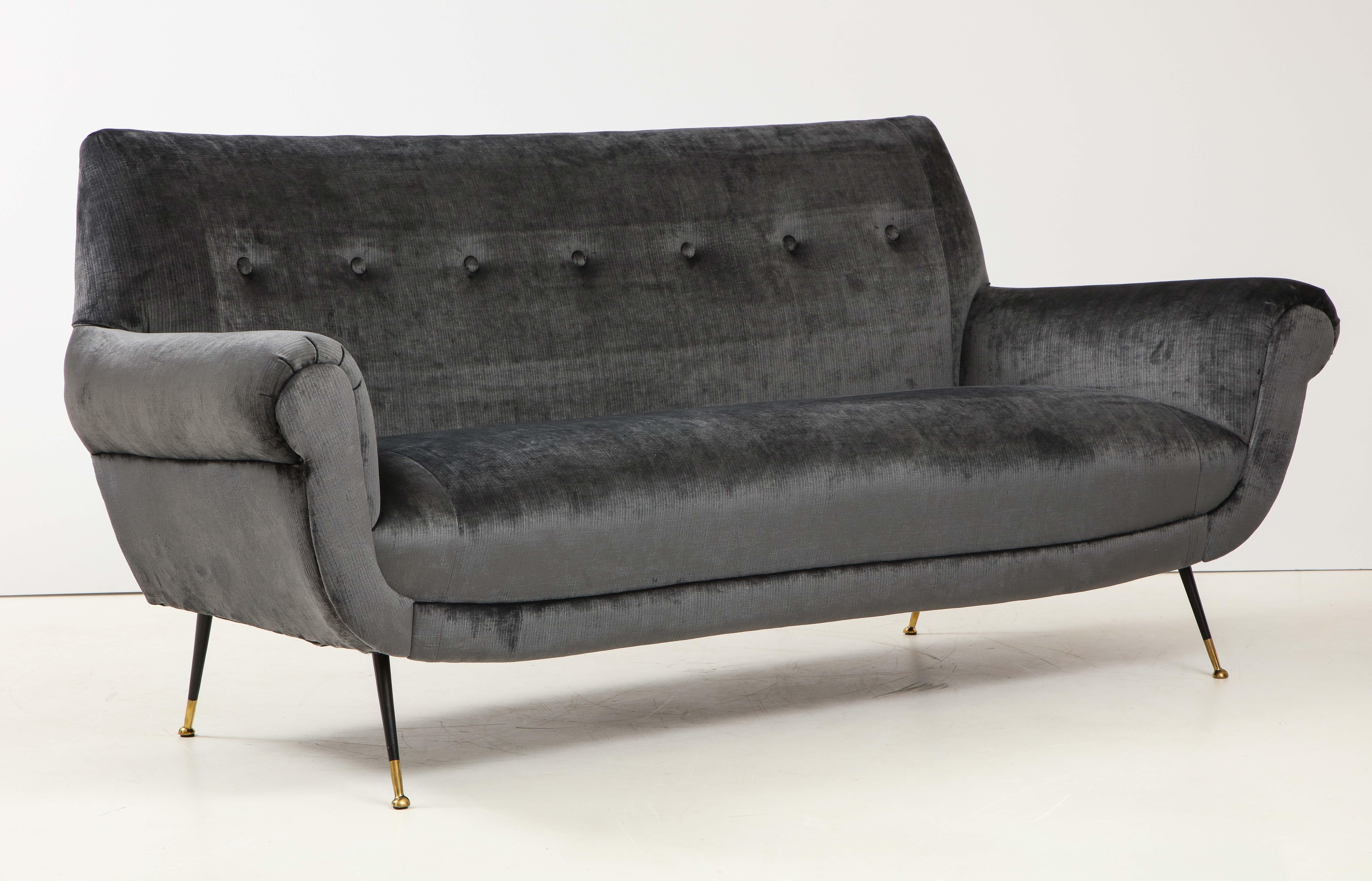 Stunning 1950s Mid-Century Modern Italian sofa designed by Gigi Radice. Fully restored and reupholstered in gray velvet.