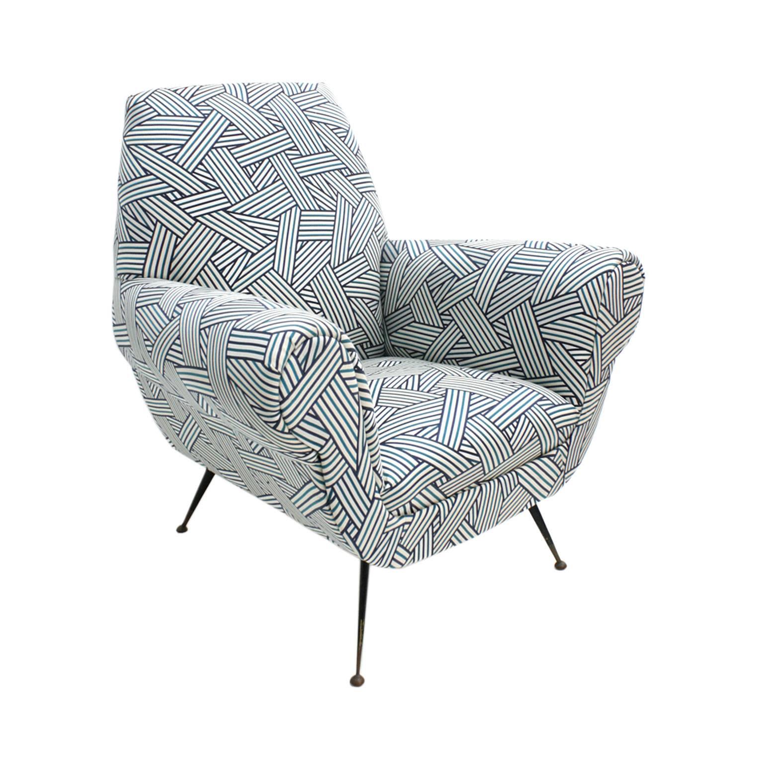 Mid-Century Modern Gigi Radice Midcentury Cotton Fabric and Black Lacquered Italian Armchairs For Sale