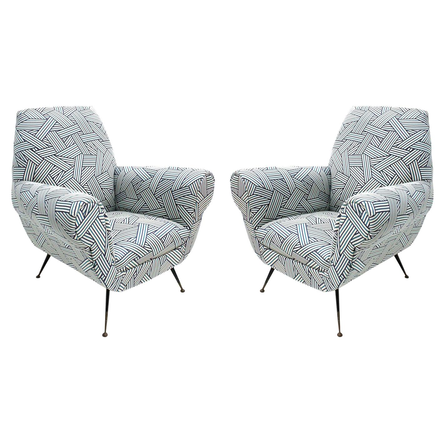 Gigi Radice Midcentury Cotton Fabric and Black Lacquered Italian Armchairs For Sale