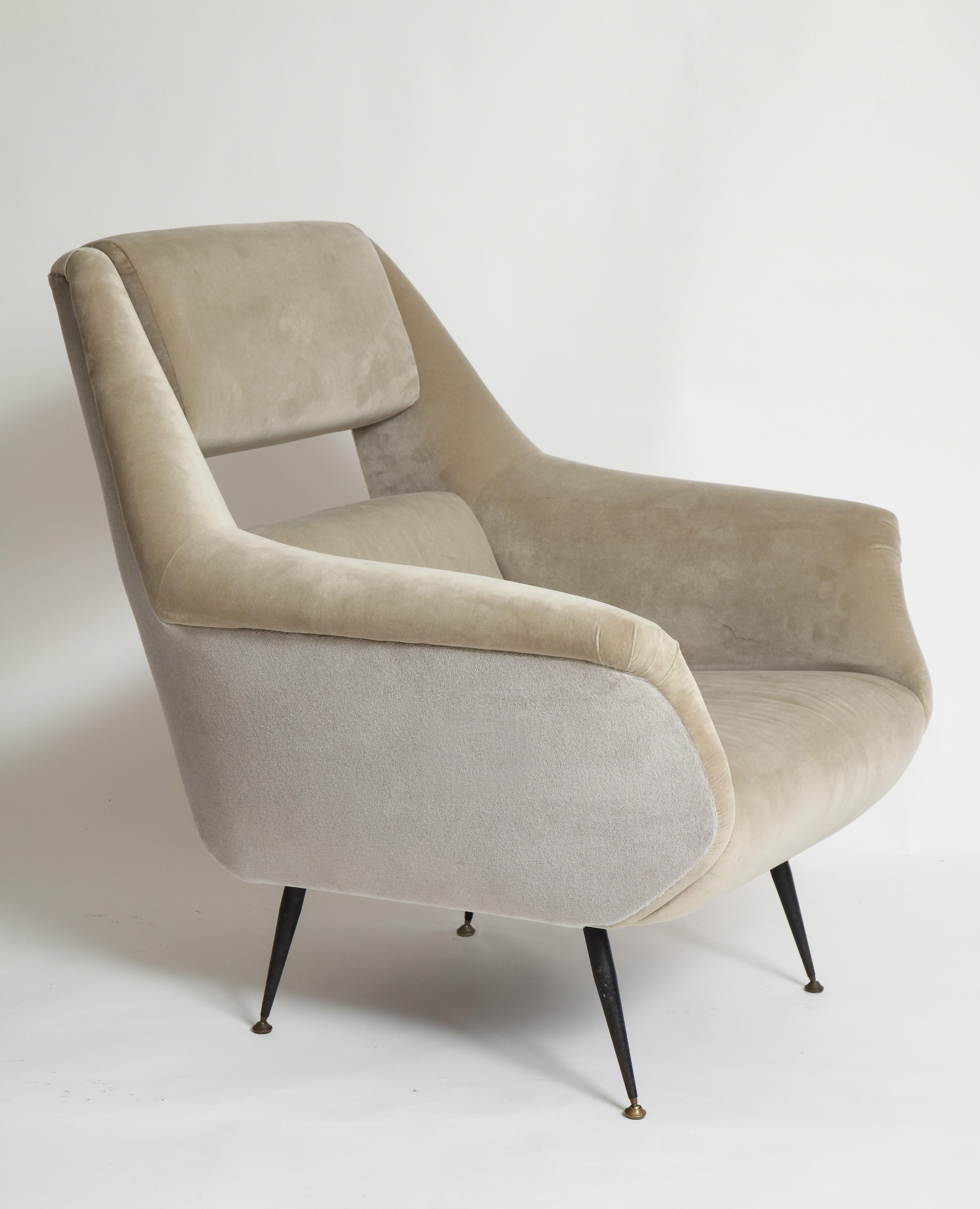 Italian Gigi Radice, Minotti Grey Velvet Lounge Chairs, Italy, 1960
