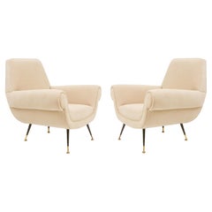 Gigi Radice, Minotti Pair White Italian Lounge Chairs Brass Feet, 1950's