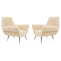 Gigi Radice, Minotti Pair White Italian Lounge Chairs Brass Feet, 1950's