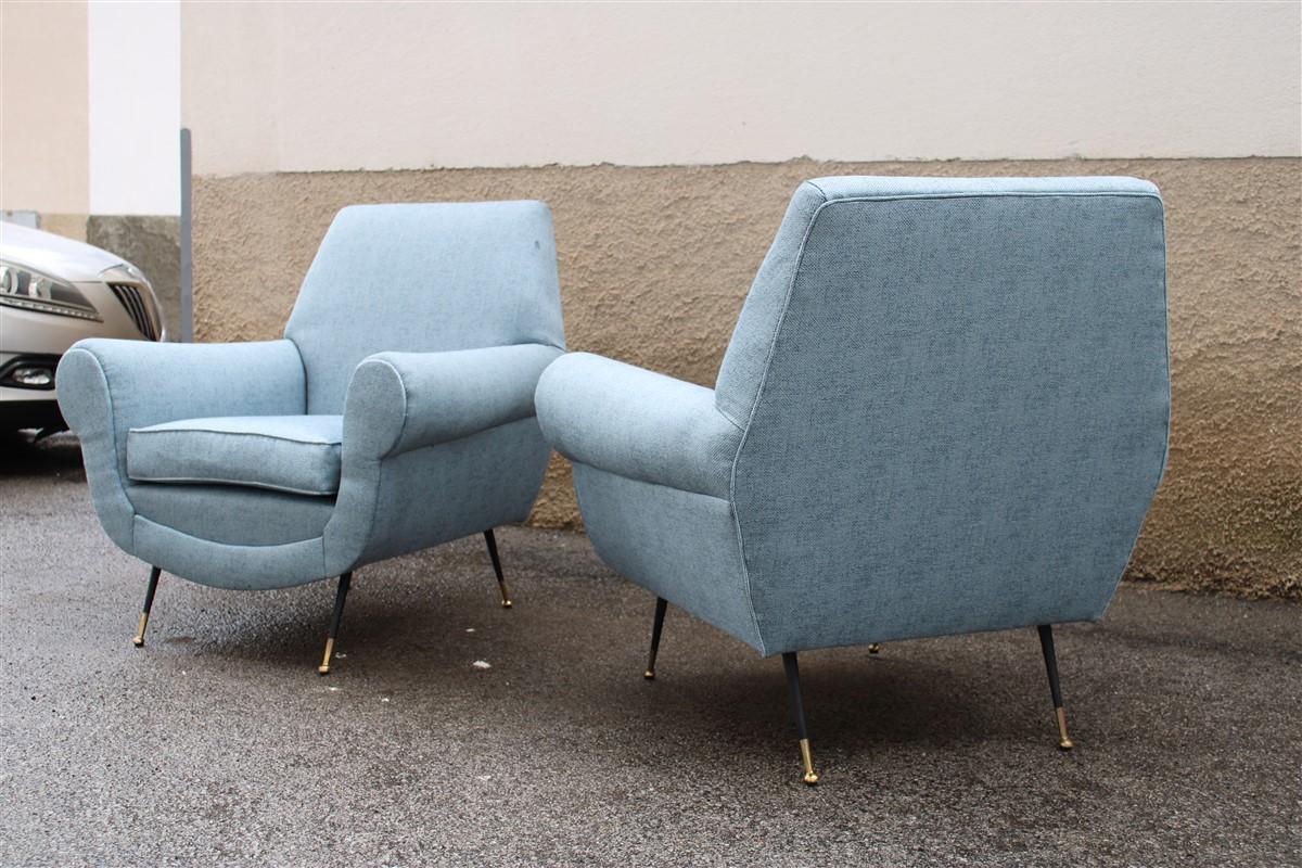 Gigi Radice per Minotti Mid-century Pair Armchairs Blu Fabric Brass Feet  11