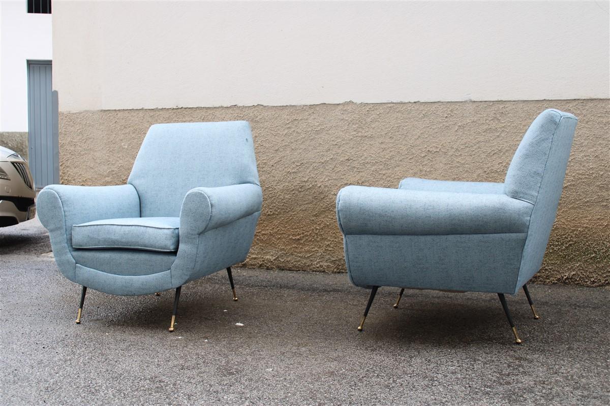 Gigi Radice per Minotti Mid-century Pair Armchairs Blu Fabric Brass Feet  1