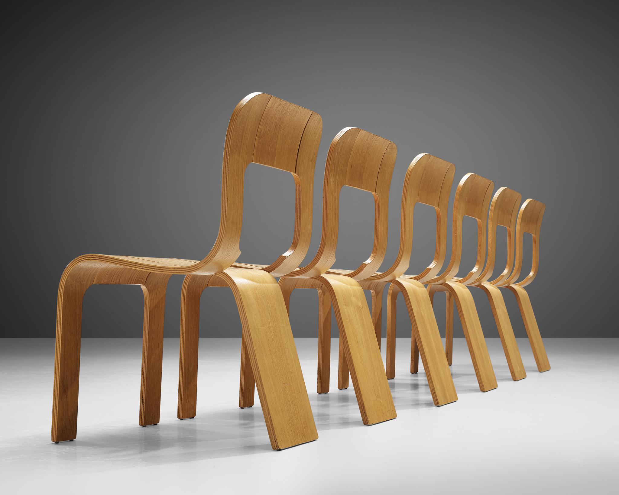 Gigi Sabadin für Stilwood: Sechs Esszimmerstühle aus Esszimmerstühlen aus Eschenholzsperrholz (Ende des 20. Jahrhunderts) im Angebot