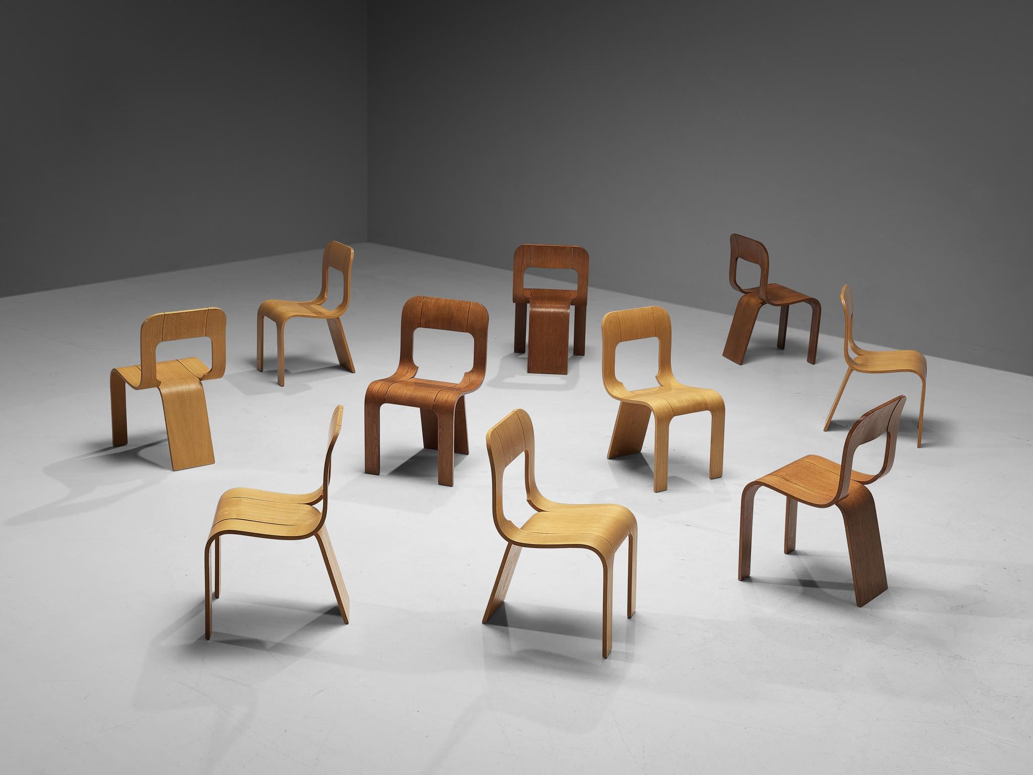 Gigi Sabadin for Stilwood, set of six chairs, plywood, Italy, 1970s.

An inventive design by the Italian Gigi Sabadin, these chairs are made of bent plywood with a veneered finish. The organic design seems to be made out of one piece, which is cut