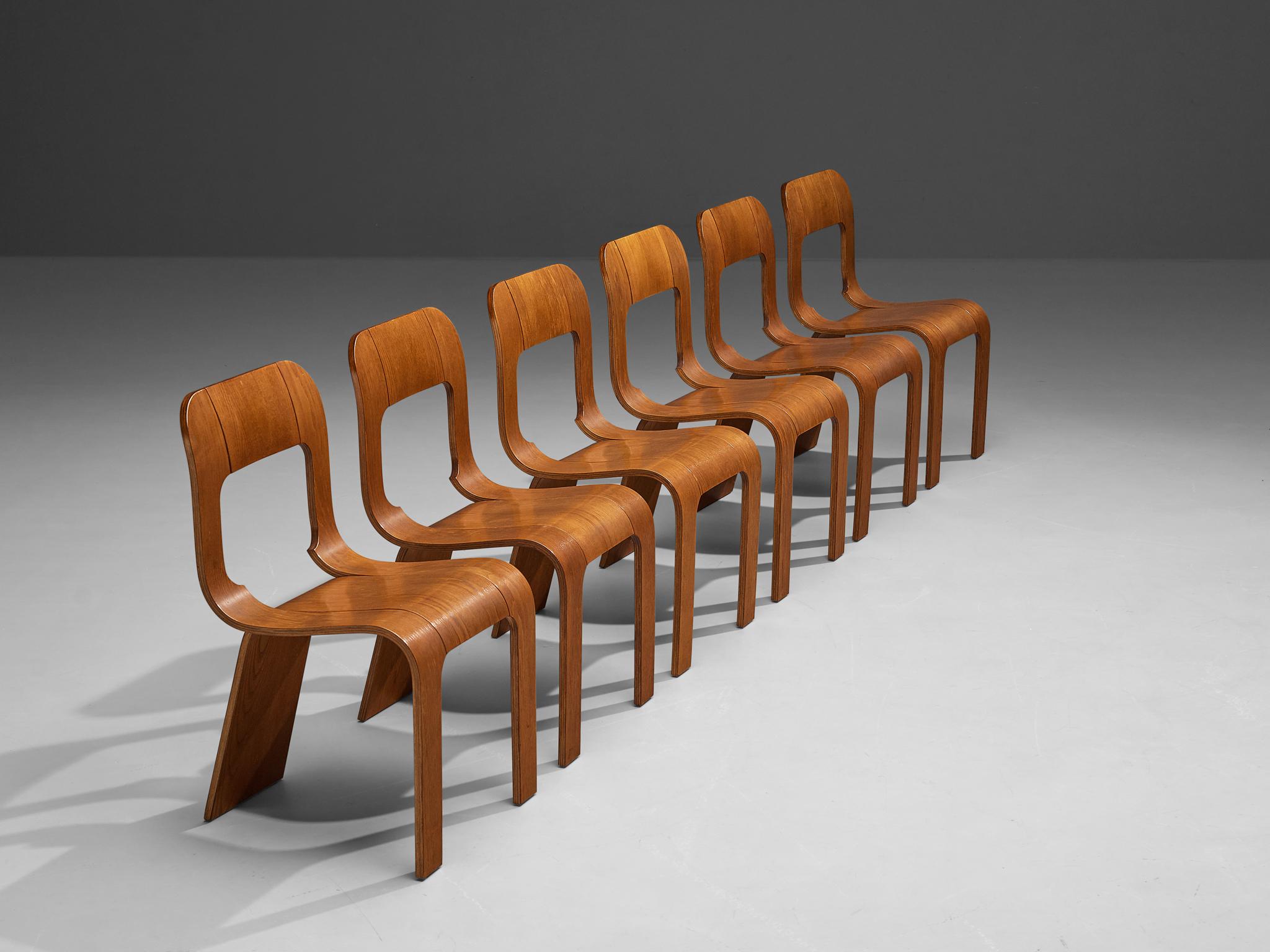 Gigi Sabadin Set of Six Stackable Chairs in Ash and Plywood In Good Condition In Waalwijk, NL
