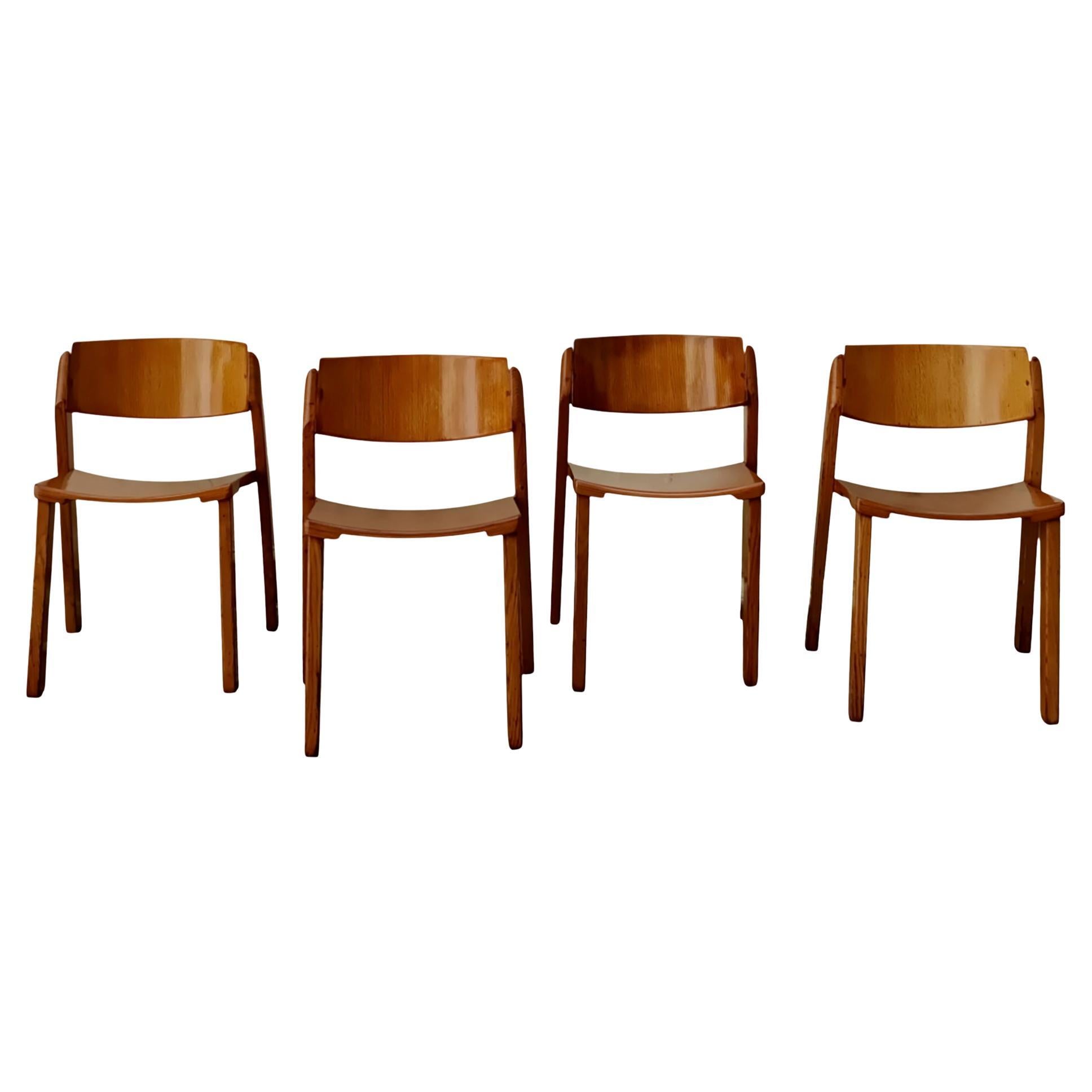 Gigi Sabadin Style Set of 4 Stackable Wooden Chairs, Italy 1960s