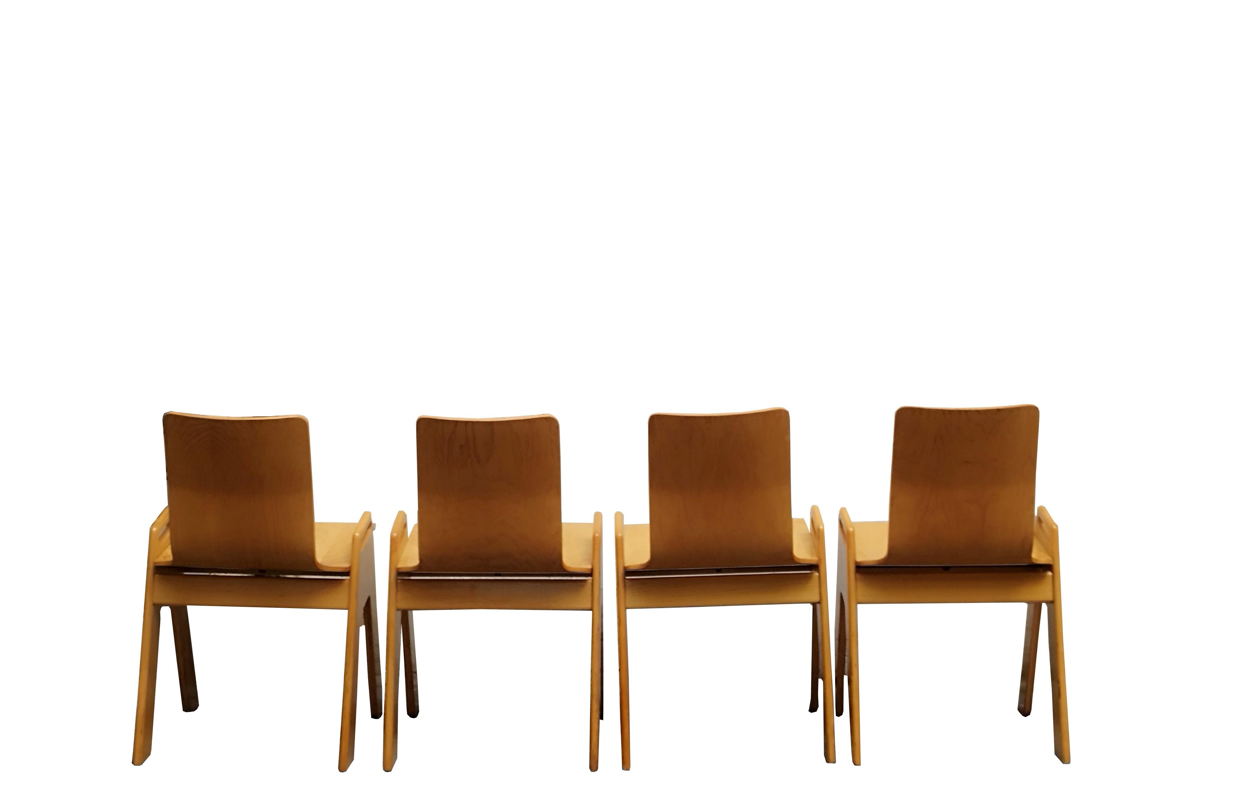 Italian Gigi Sabadin Style Set of Four Plywood Stackables Chairs, Italy 1970s For Sale