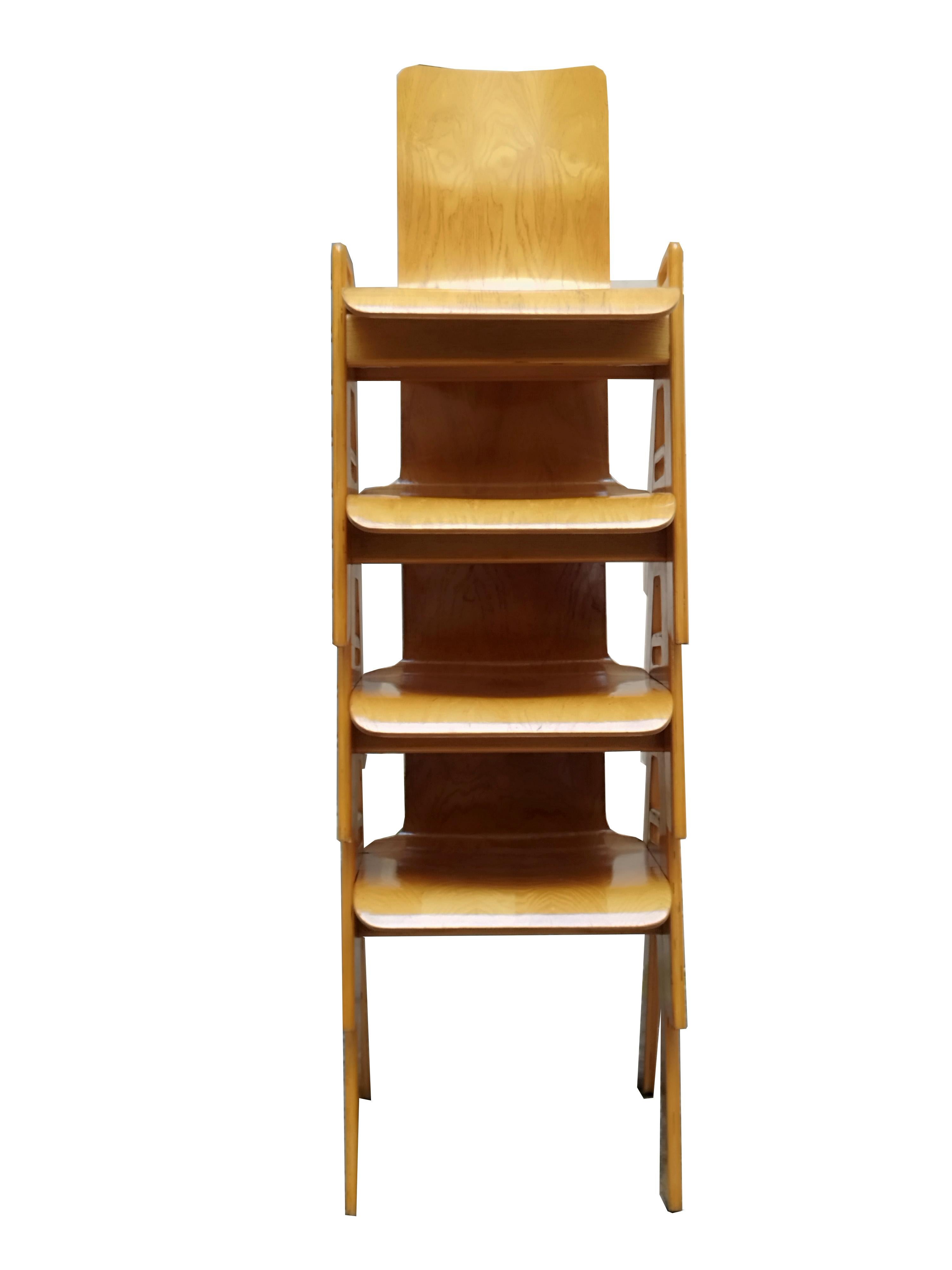 Late 20th Century Gigi Sabadin Style Set of Four Plywood Stackables Chairs, Italy 1970s For Sale