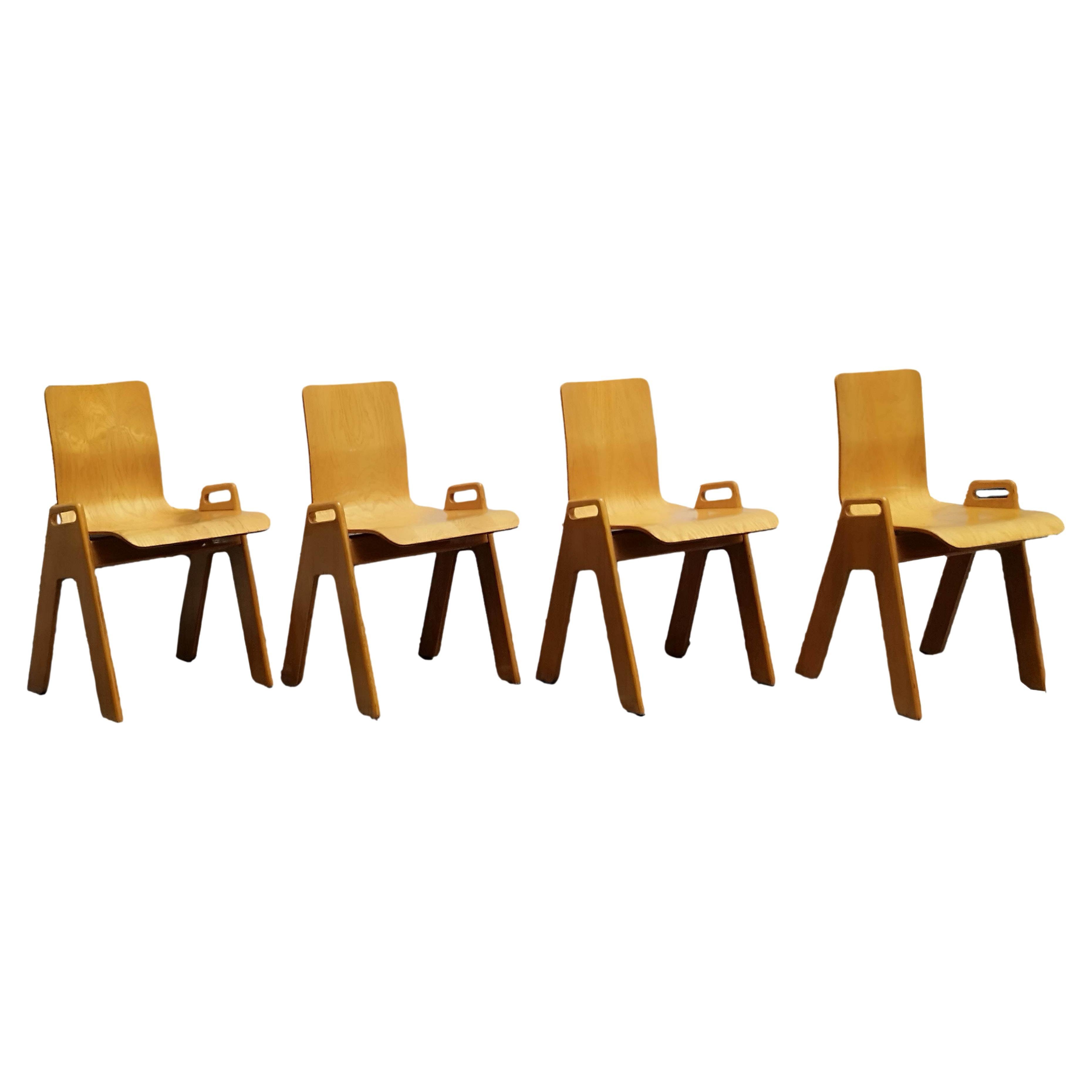Gigi Sabadin Style Set of Four Plywood Stackables Chairs, Italy 1970s For Sale