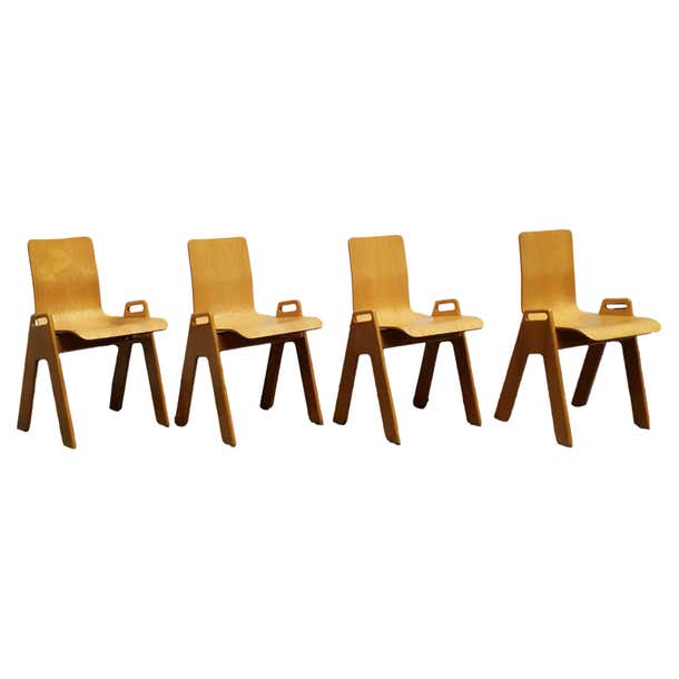 Gigi Sabadin Style Set of Four Plywood Stackables Chairs, Italy 1970s ...