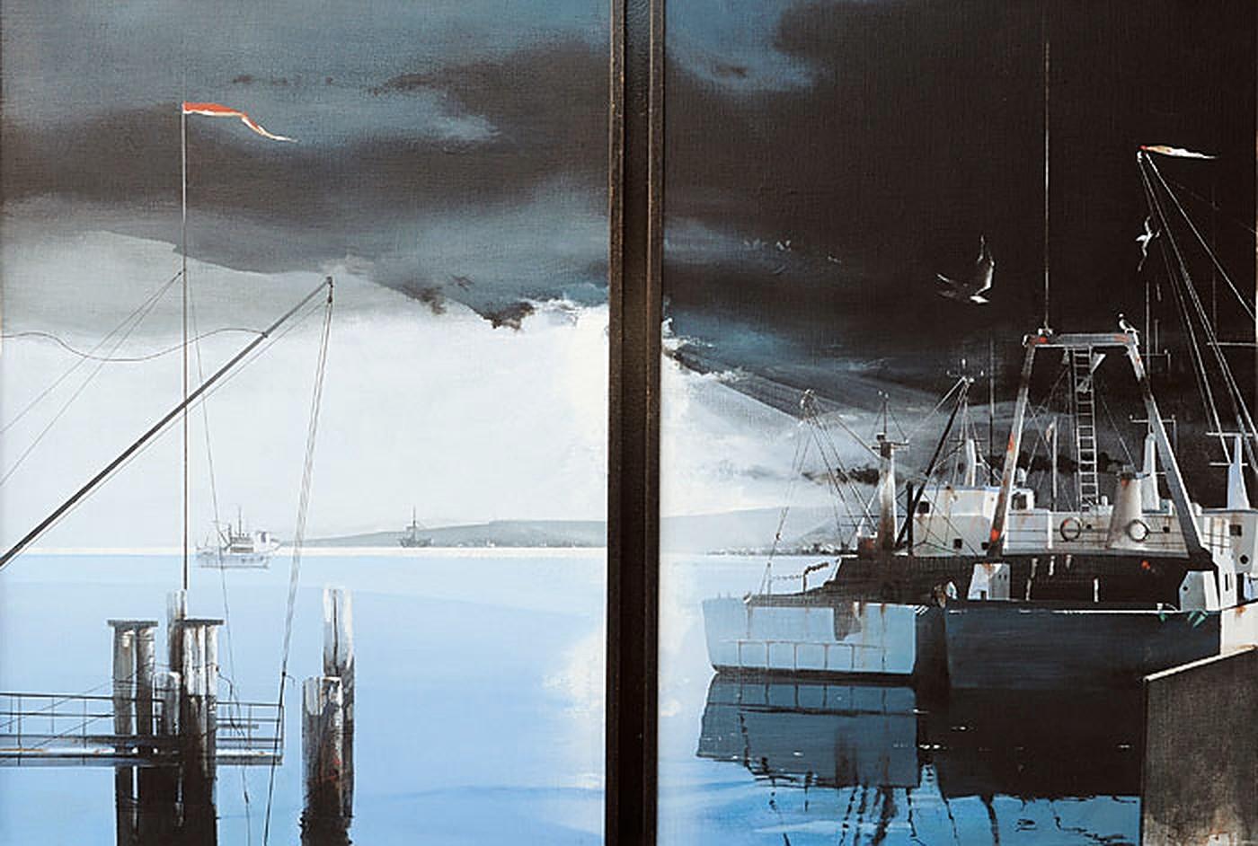 Figurative Painting di Gigino Falconi - Strana luce Sul Porto, 2006