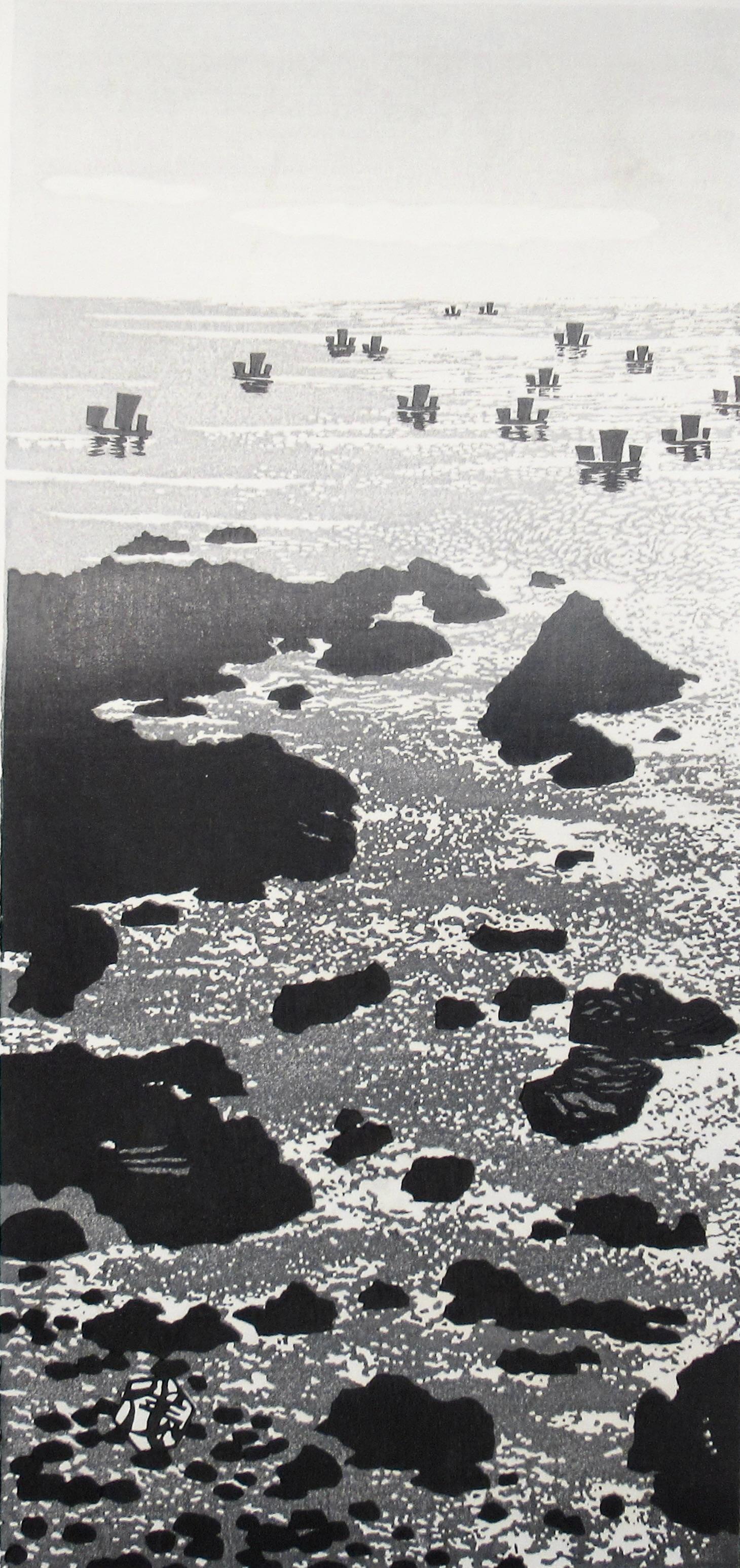Fischboote in Kapuzenkappe Muroto – Print von Gihachiro Okuyama