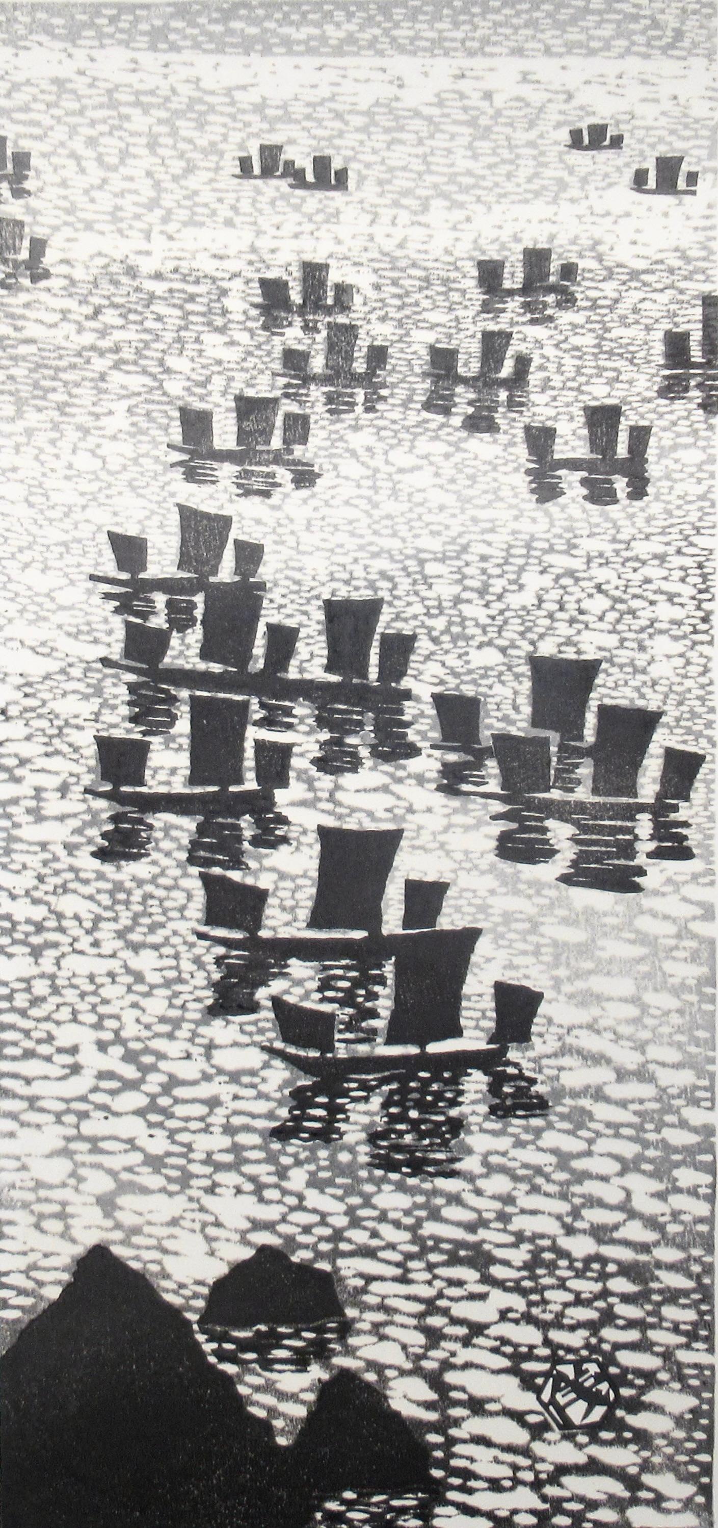 Fischboote in Kapuzenkappe Muroto – Print von Gihachiro Okuyama