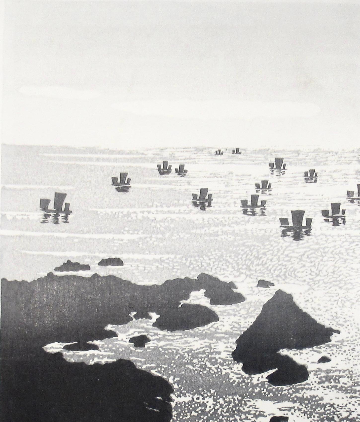 Fischboote in Kapuzenkappe Muroto (Moderne), Print, von Gihachiro Okuyama
