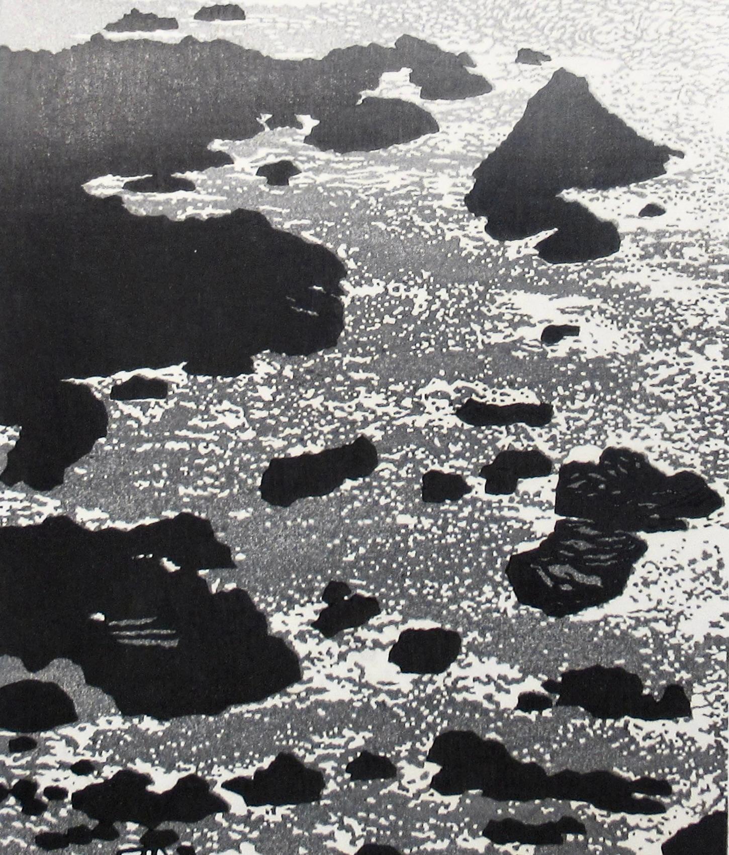 Fischboote in Kapuzenkappe Muroto (Grau), Landscape Print, von Gihachiro Okuyama