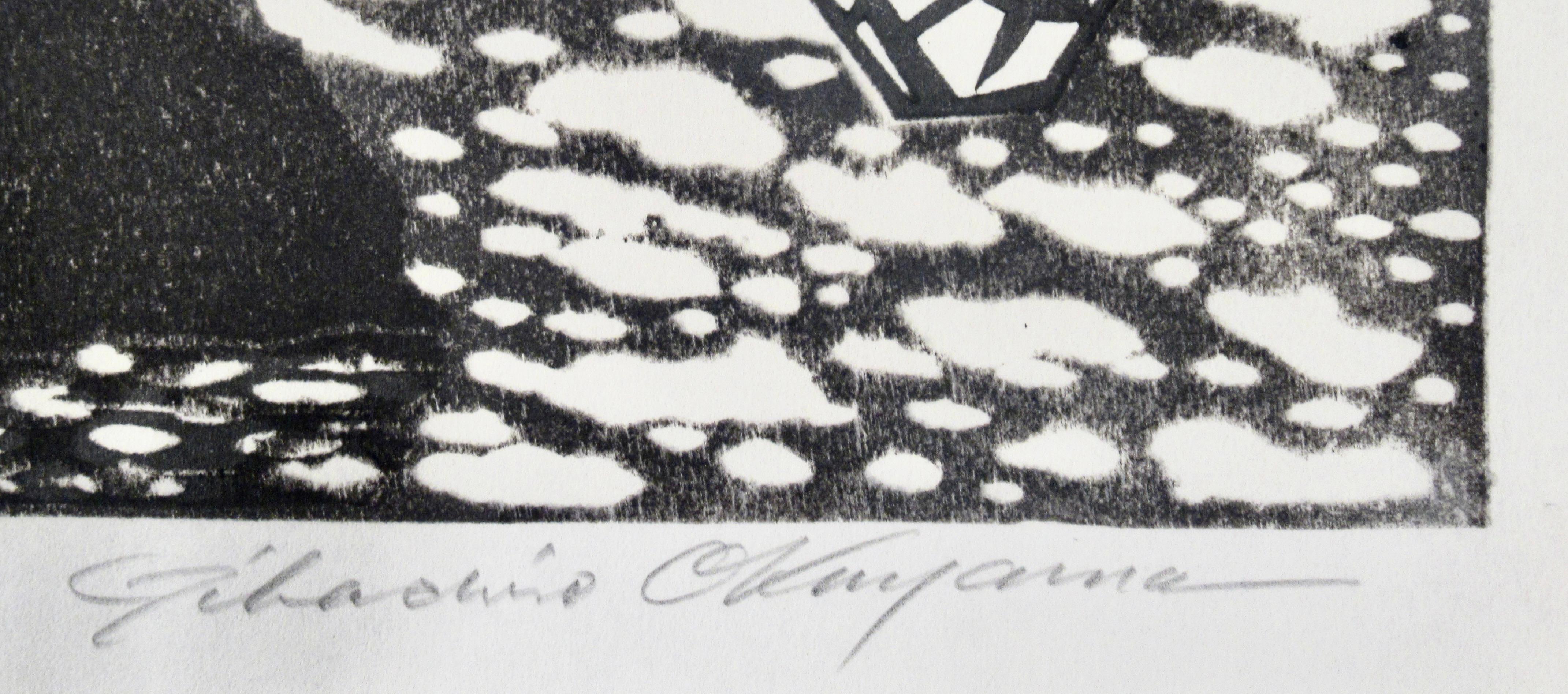 Fischboote in Kapuzenkappe Muroto (Grau), Landscape Print, von Gihachiro Okuyama