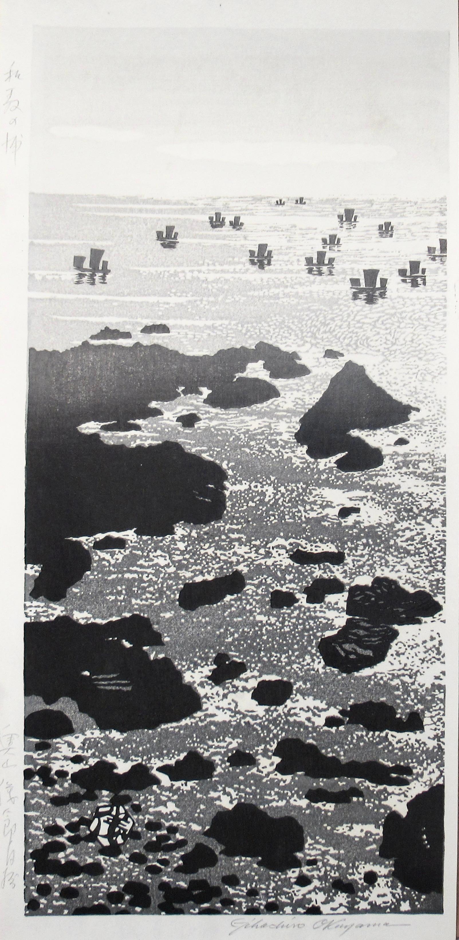 Gihachiro Okuyama Landscape Print – Fischboote in Kapuzenkappe Muroto