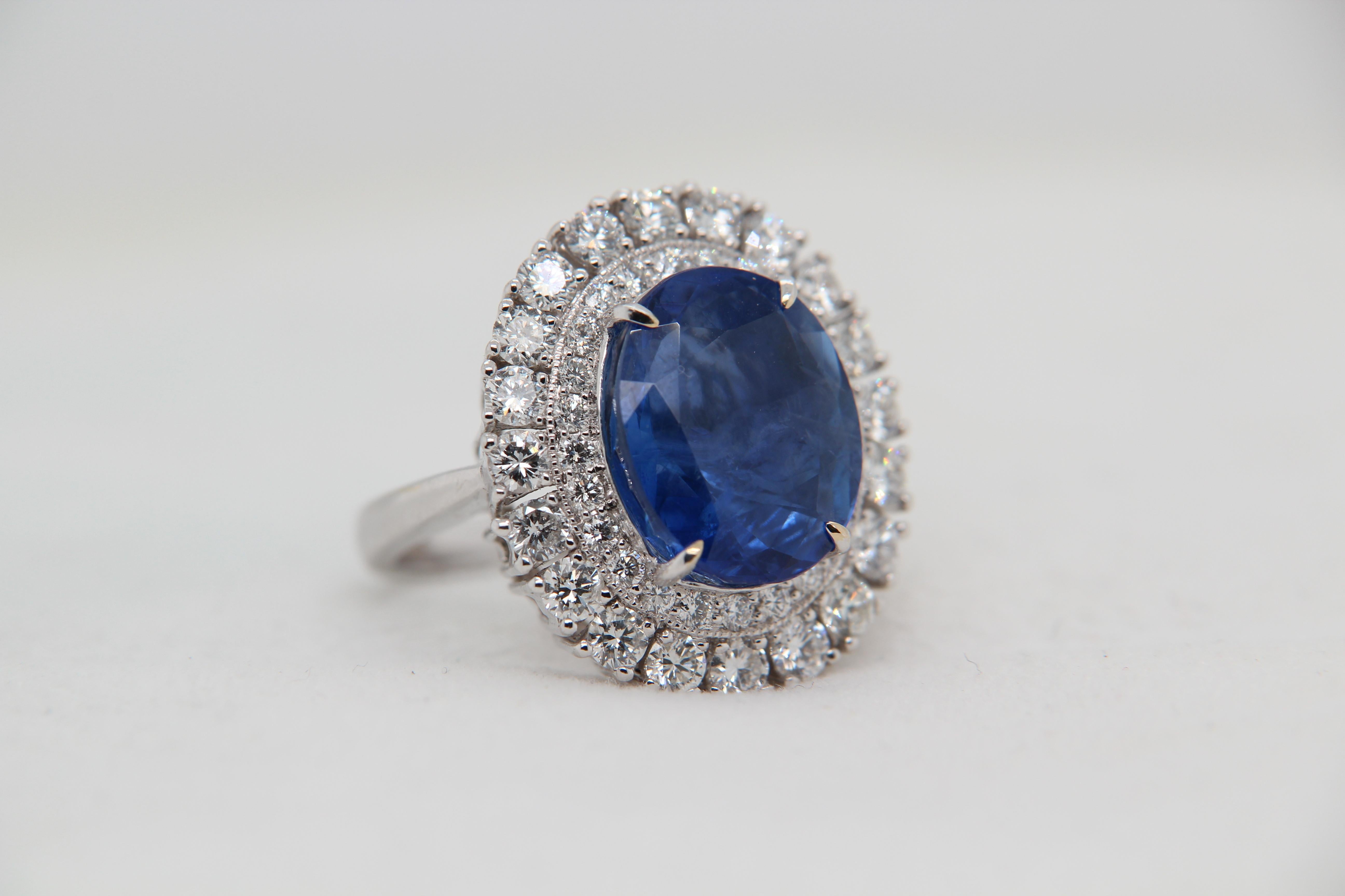 Oval Cut GII Certified 9.66 Carat Burma Blue Sapphire Diamond Ring