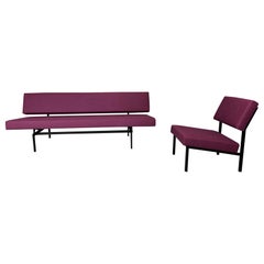Gijs Van Der Sluis Divano letto color melanzana e set di sedie da salotto 1961