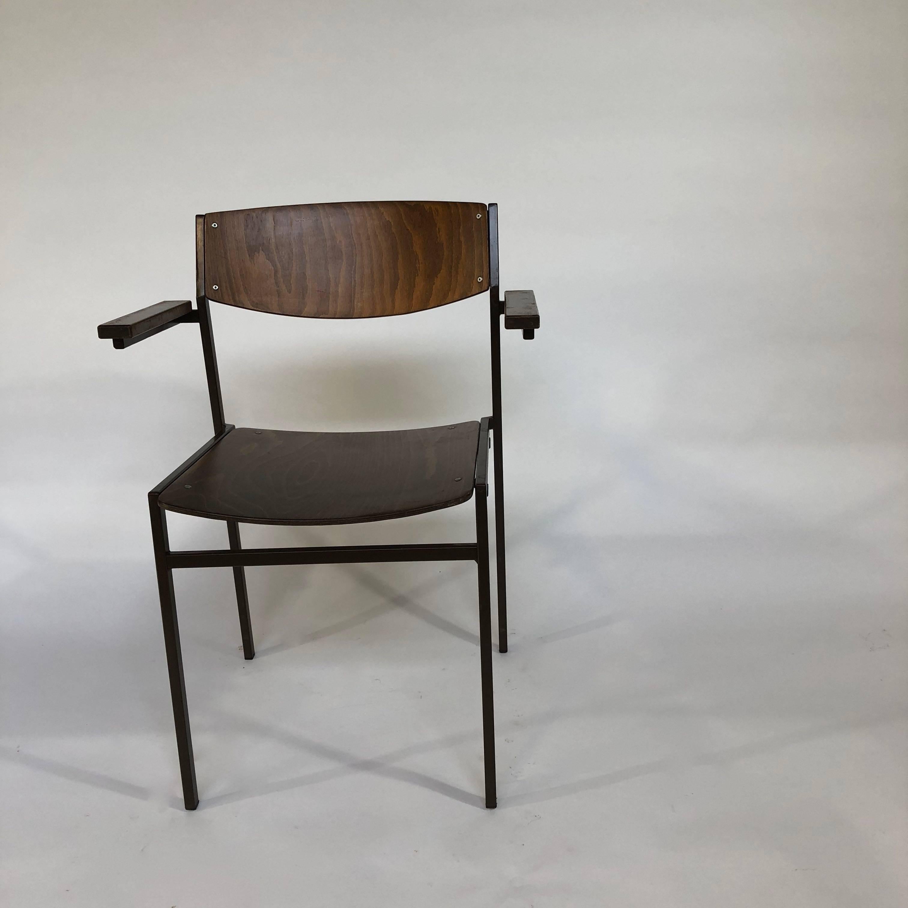 Gijs Van Der Sluis stacking chairs. Designer Gijs Van Der Sluis  for Gispen 
 from the Netherlands. Square metal chocolate enameled frame with birch wood seat (wood varies in tone, attached with blind rivets). In Original condition, some