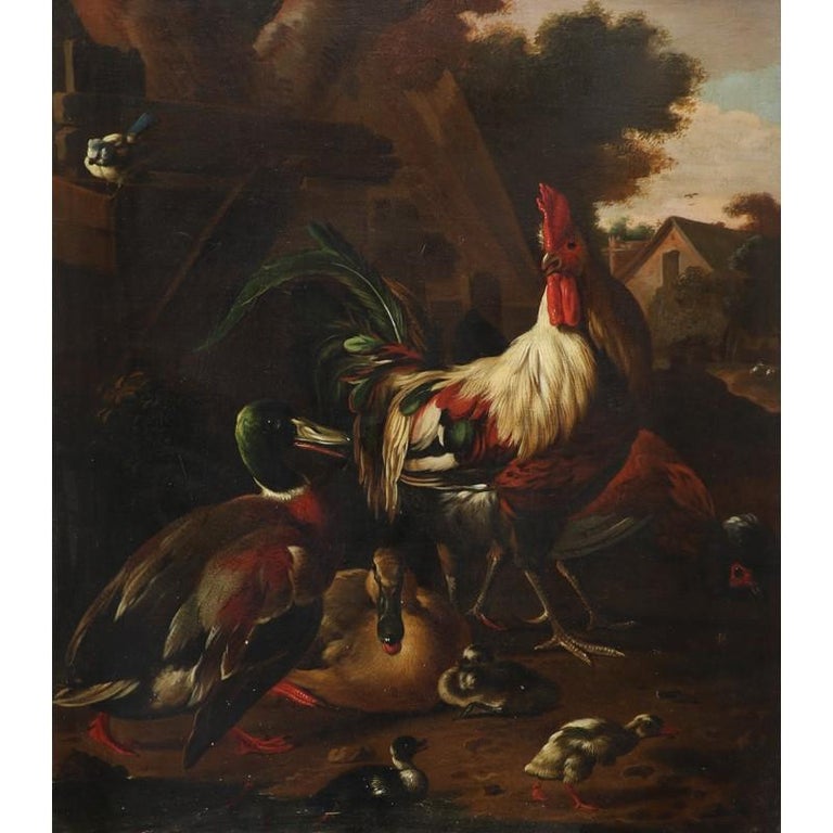  Dutch 17th century, cockerel, hen, mallard drake and duck with their ducklings  - Dutch School Painting by Gijsbert Gillisz. de Hondecoeter