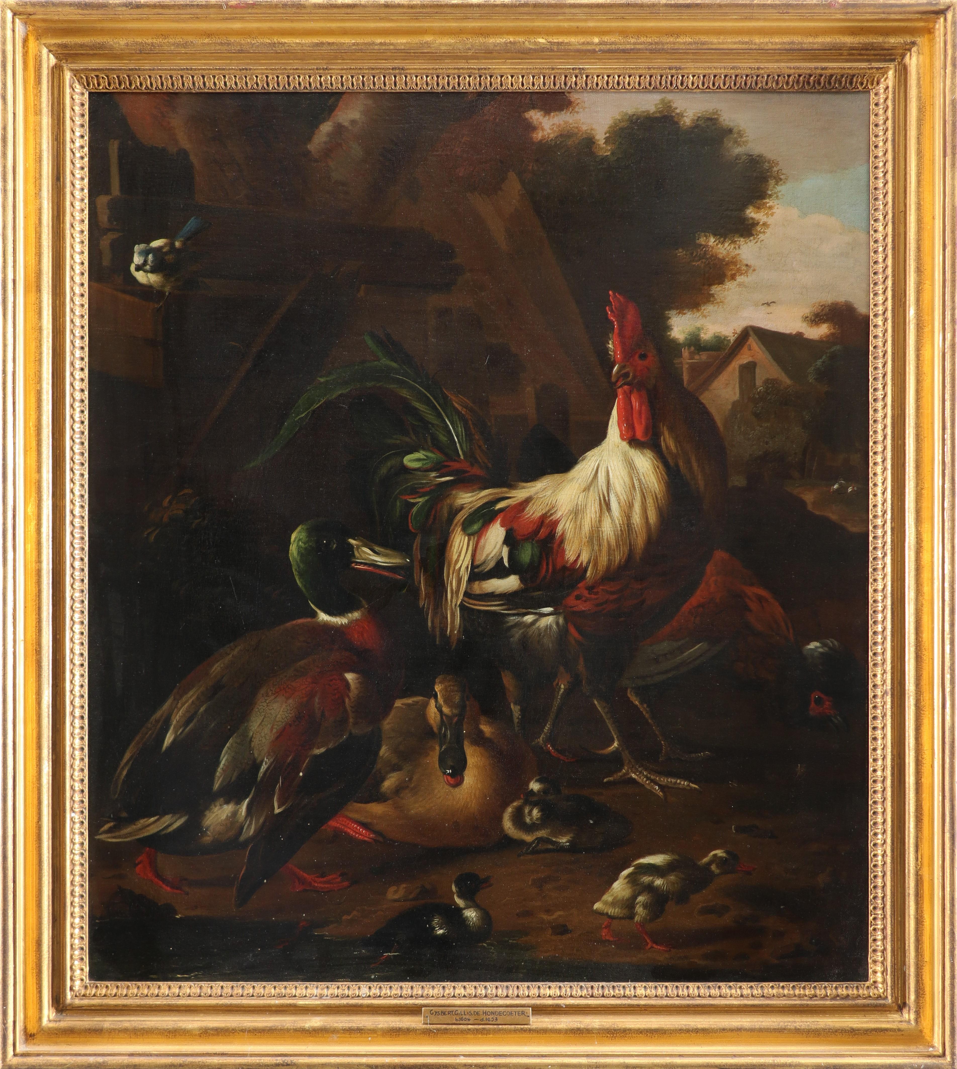 Gijsbert Gillisz. de Hondecoeter Animal Painting - Dutch 17th century, cockerel, hen, mallard drake and duck with their ducklings