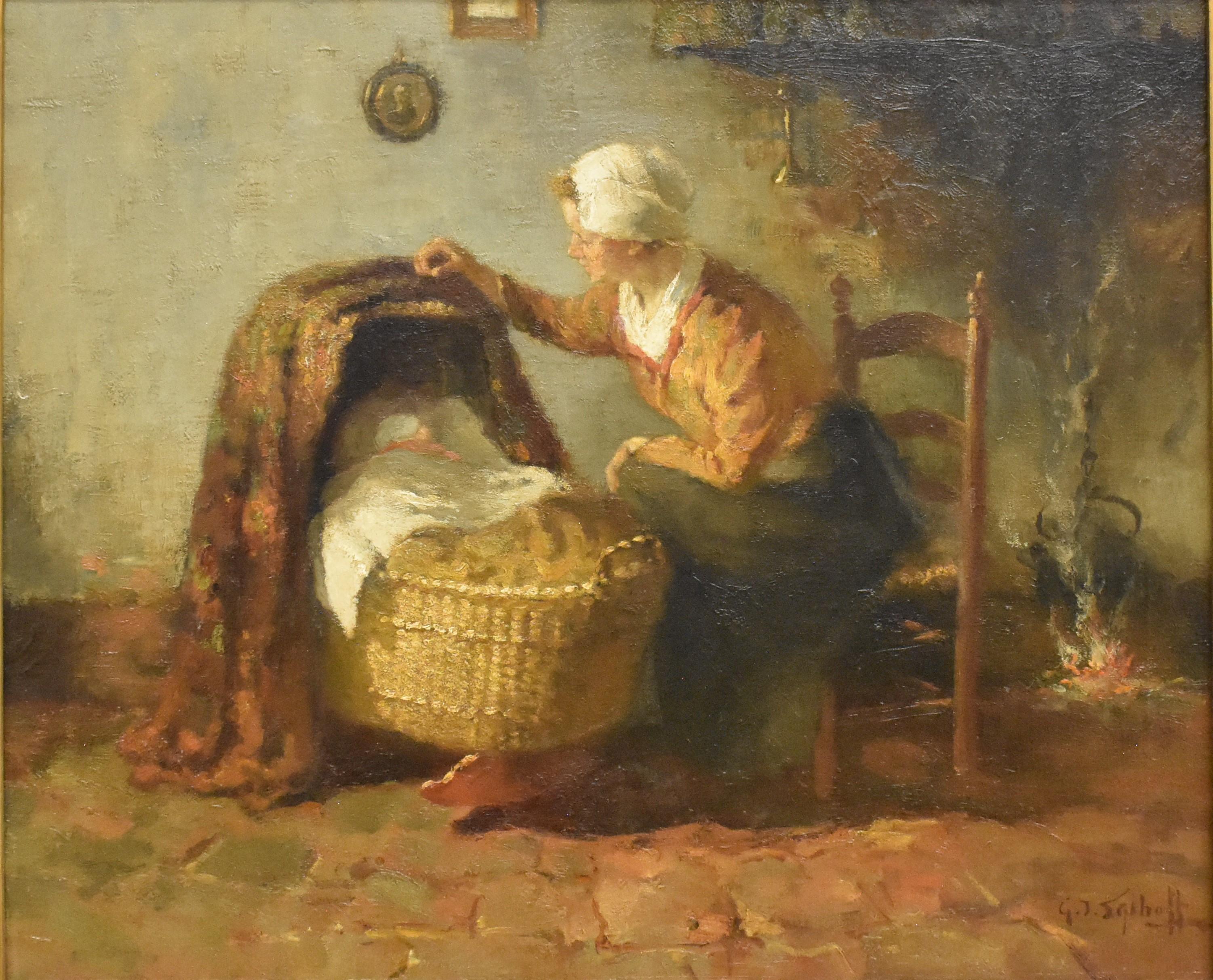 Mother with child in crib - Gijsbertus Jan Sijthoff - Painting by Sijthoff, Gijsbertus Jan