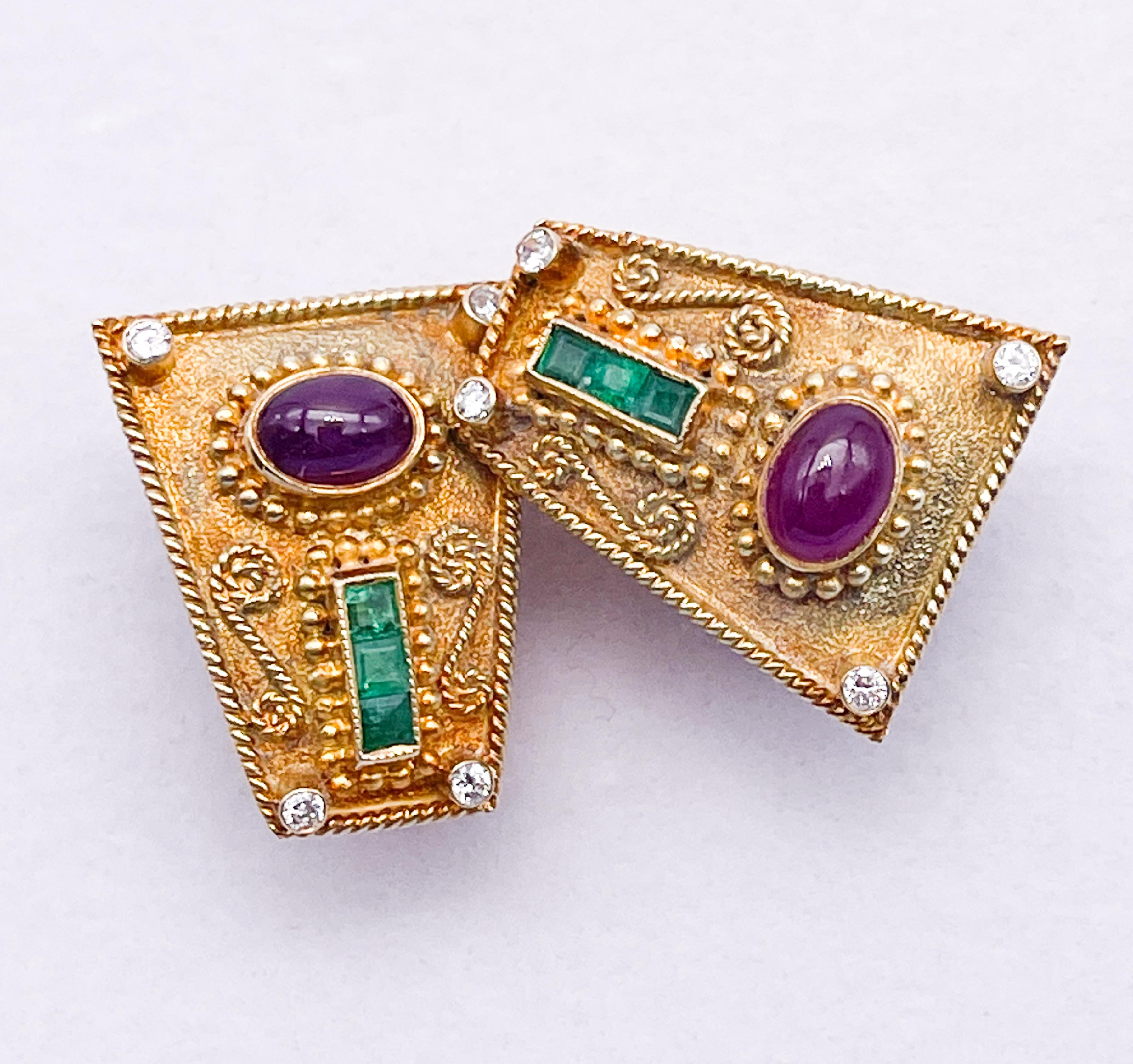 Vintage Greek Jewelry Designer GIKAS 

18K RUBY, EMERALD & DIAMOND EARRINGS

Rare Pair of Vintage Earrings from a Collectible Greek Designer

18K Yellow Gold

Featuring Square Step Cut Emeralds & Oval Ruby Cabochons

Marks: 750, Designer Signature,
