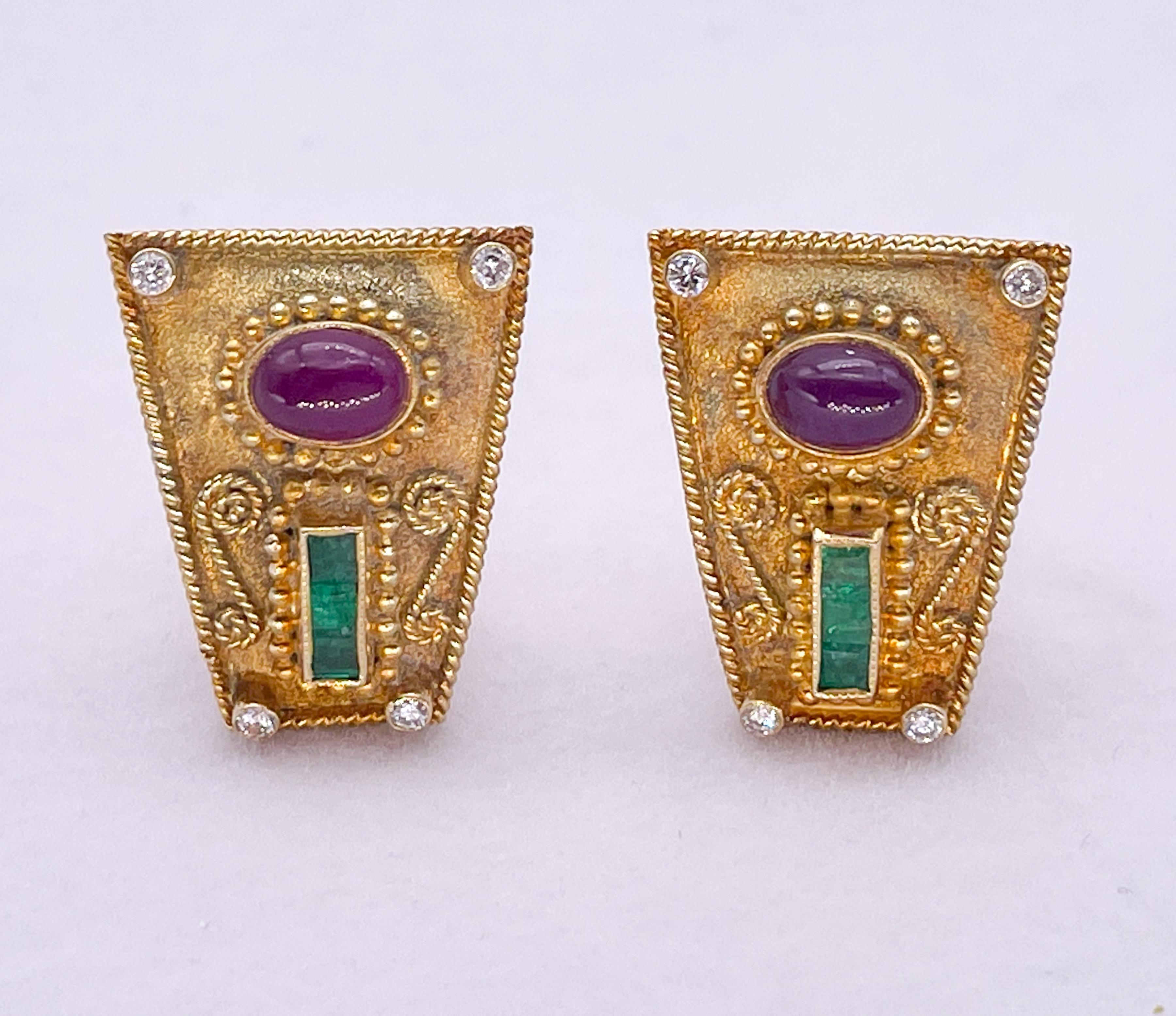 Greek Revival Gikas 18k Gold Earrings with Ruby, Emerald and Diamond Stones For Sale