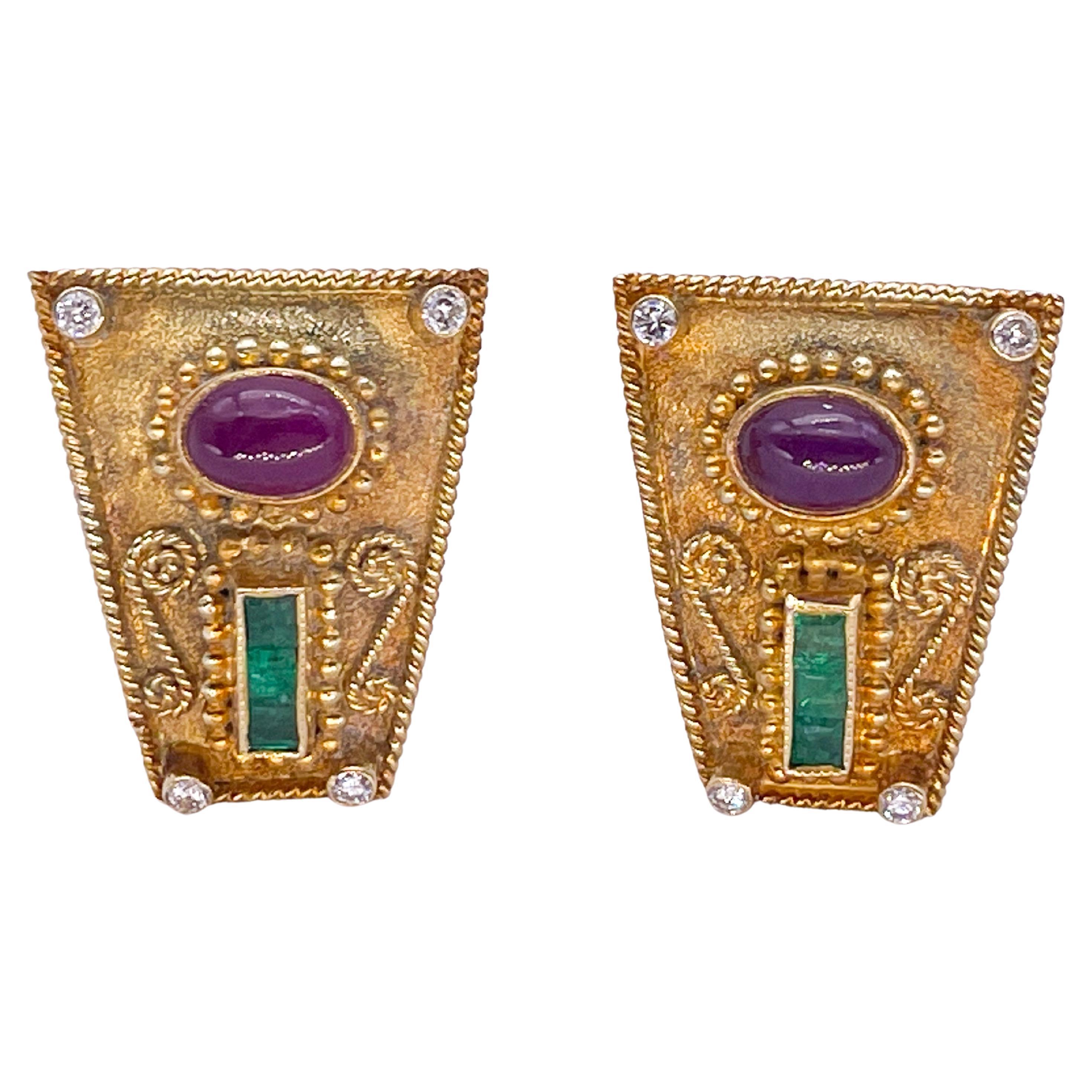 Gikas 18k Gold Earrings with Ruby, Emerald and Diamond Stones For Sale