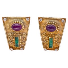 Gikas 18k Gold Earrings with Ruby, Emerald and Diamond Stones