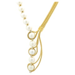 Gikas 18k Yellow Gold Diamond and South Sea Pearl Greek Lariat Drop Necklace