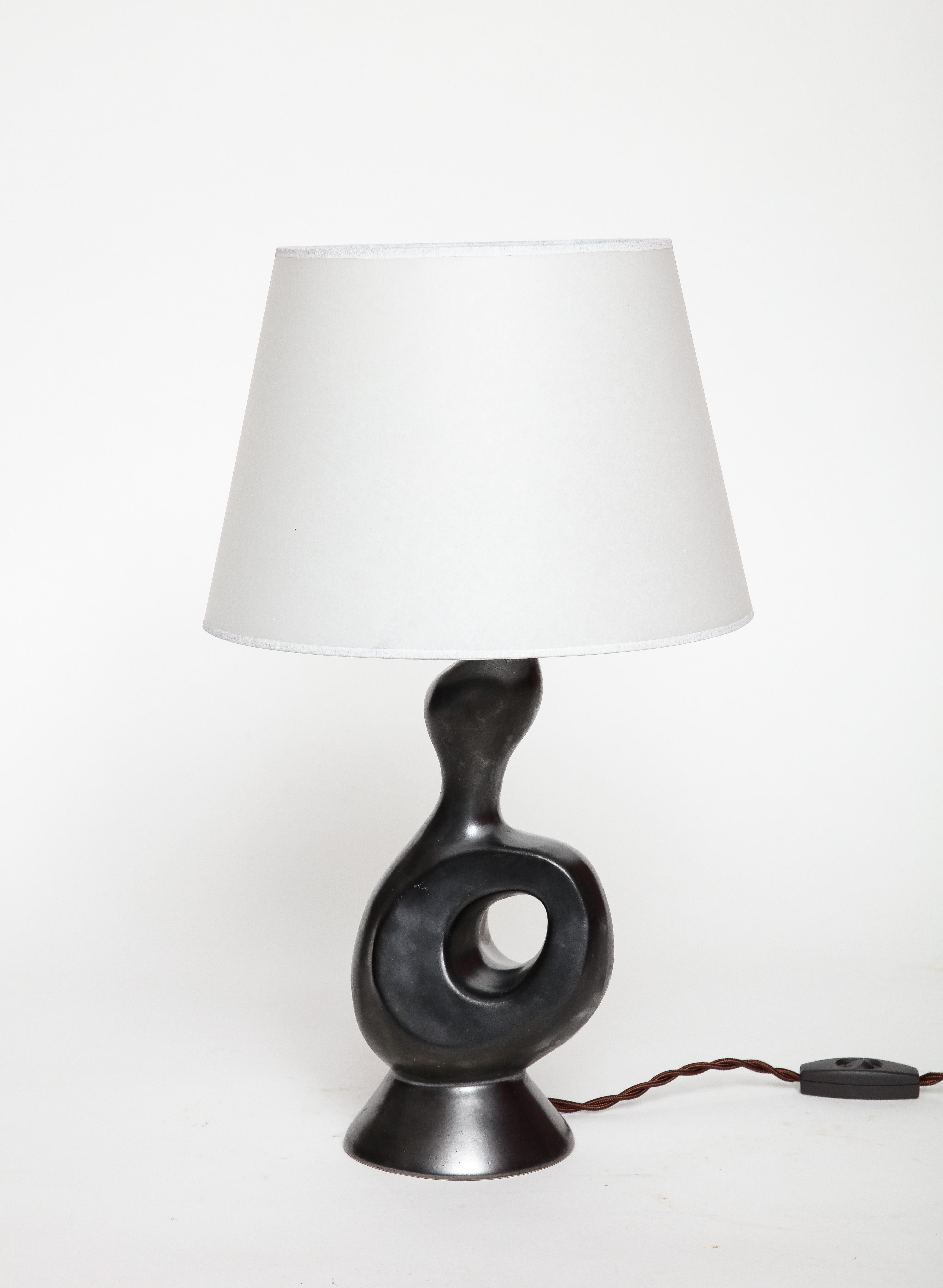 Mid-Century Modern Gil Angoloni Zoomorphic Ceramic Lamp, Parchment Shade. France, c. 1950, signed