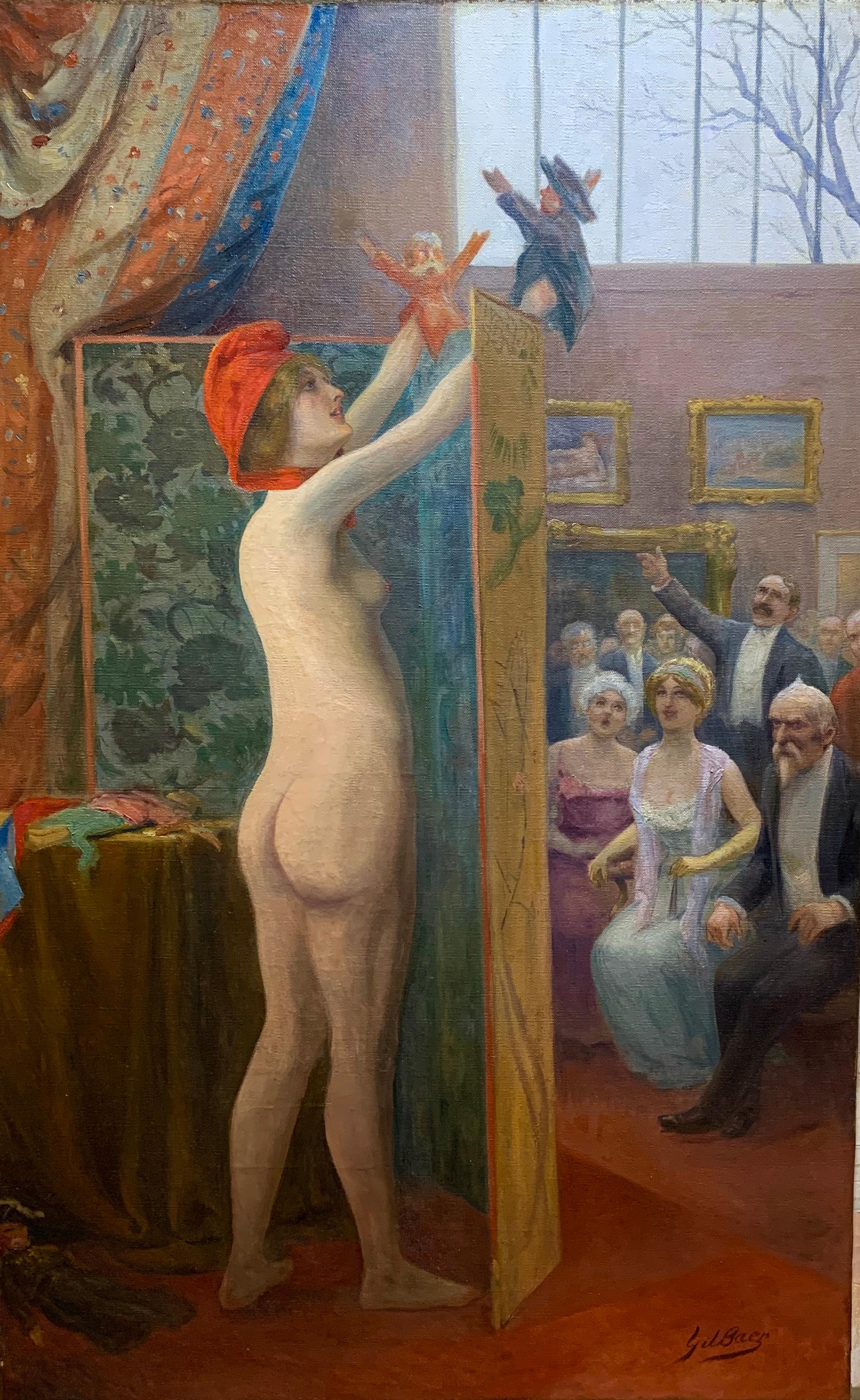 Soo lustig!
Gil Baer (1859-1931) ist der Künstler dieses schönen und humorvollen Gemäldes. Es handelt sich um eine surrealistische Illustration einer nackten Frau hinter einem Paravent, die eine Menschenmenge mit einem Handpuppenspiel unterhält.