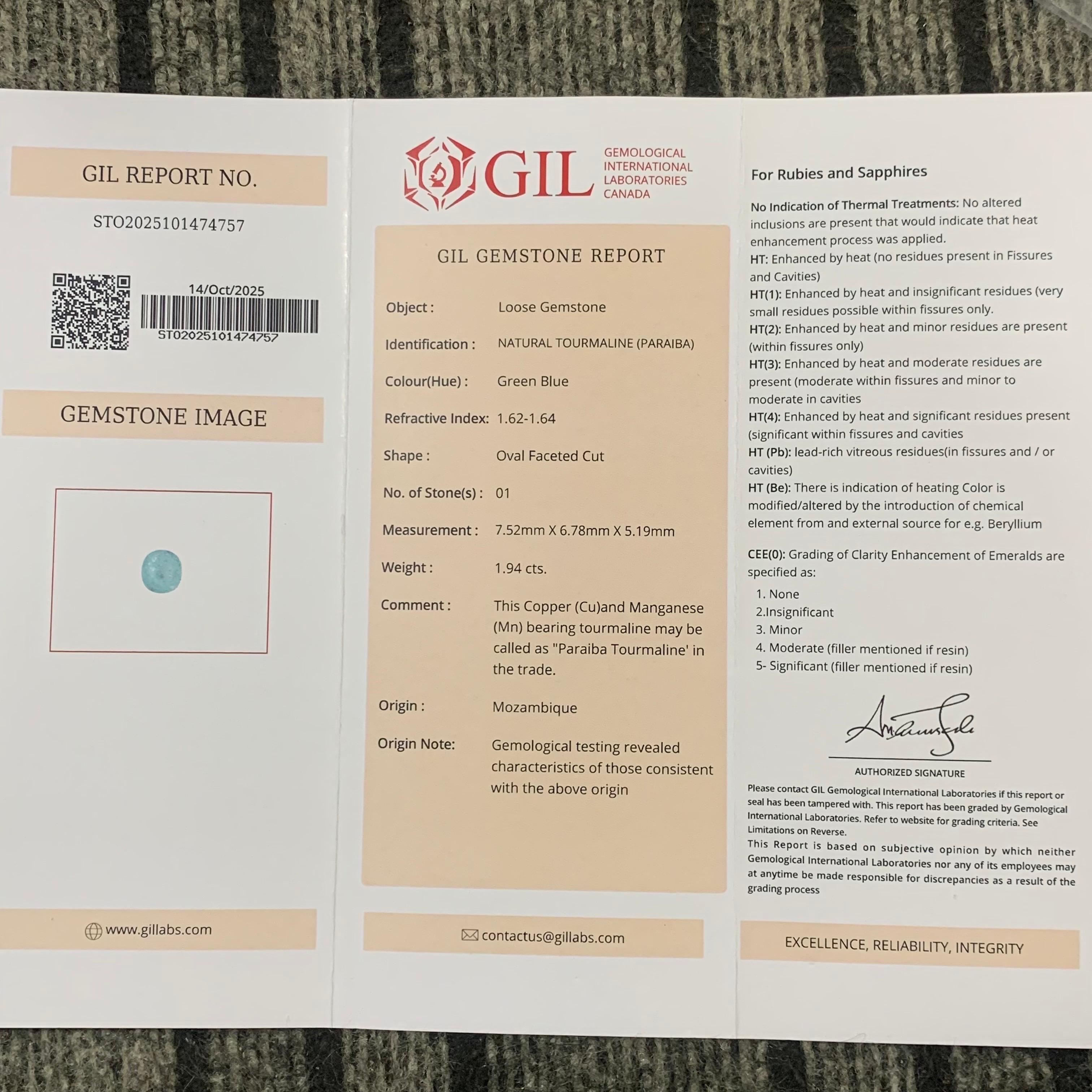 Gemma naturale sfusa di forma ovale di tormalina Paraiba certificata GIL da 1.94 carati in vendita 9