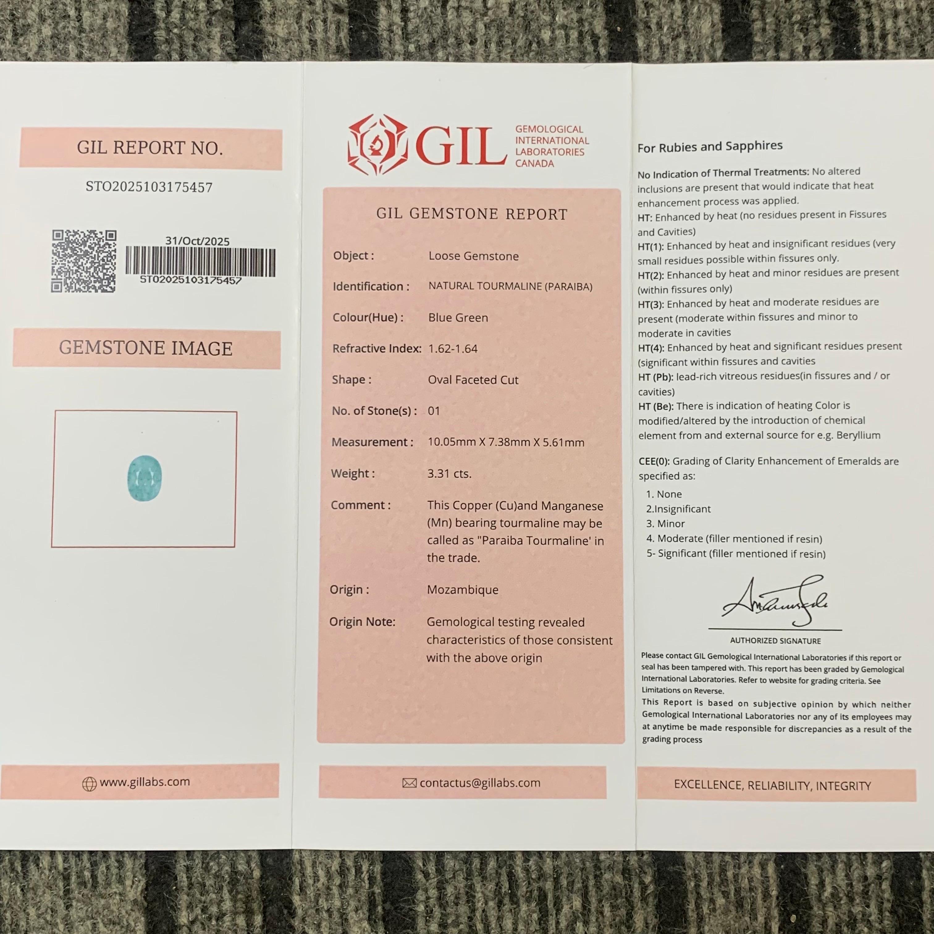 GIL Certified 3.31 Carat Natural Loose Paraiba Tourmaline Oval Shape Gemstone For Sale 7