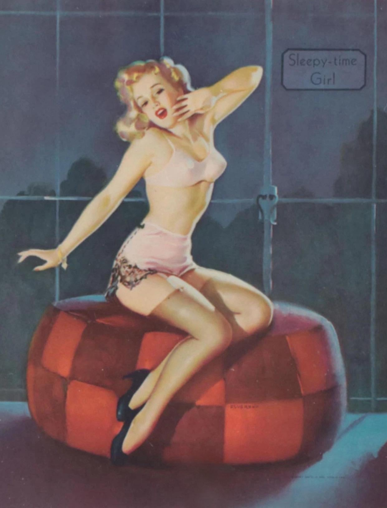 Black lacquered wood framed offset lithograph after Gil Elvgren, titled “Sleepy Time Girl”. Image site measurements, 7.5” x 9.5”. Framed measurements “12” x 15” x .5”. Not examined outside of the frame. 

About the artist; Gil Elvgren studied at the