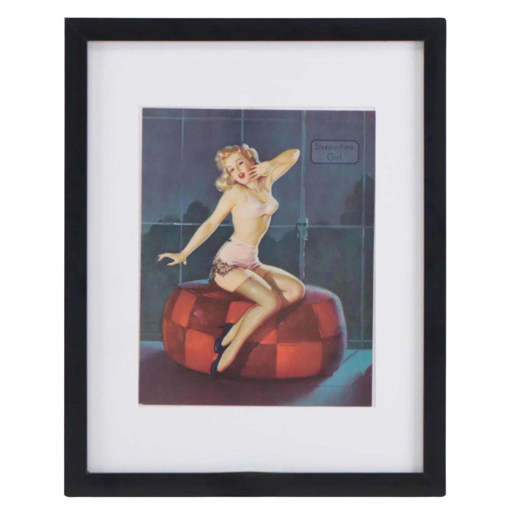After Gil Elvgren (Am. 1914-1980) Framed Offset Lithograph “Sleepy Time Girl”  For Sale