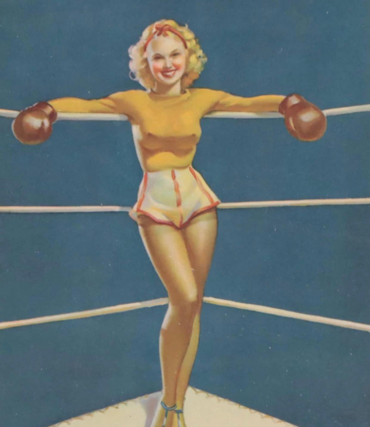 Black lacquered wood framed offset lithograph after Gil Elvgren, titled “A Knock Outgg”. Image site measurements, 7.5” x 9.5”. Framed measurements “12” x 15” x .5”. Not examined outside of the frame.   About the artist; Gil Elvgren studied at the