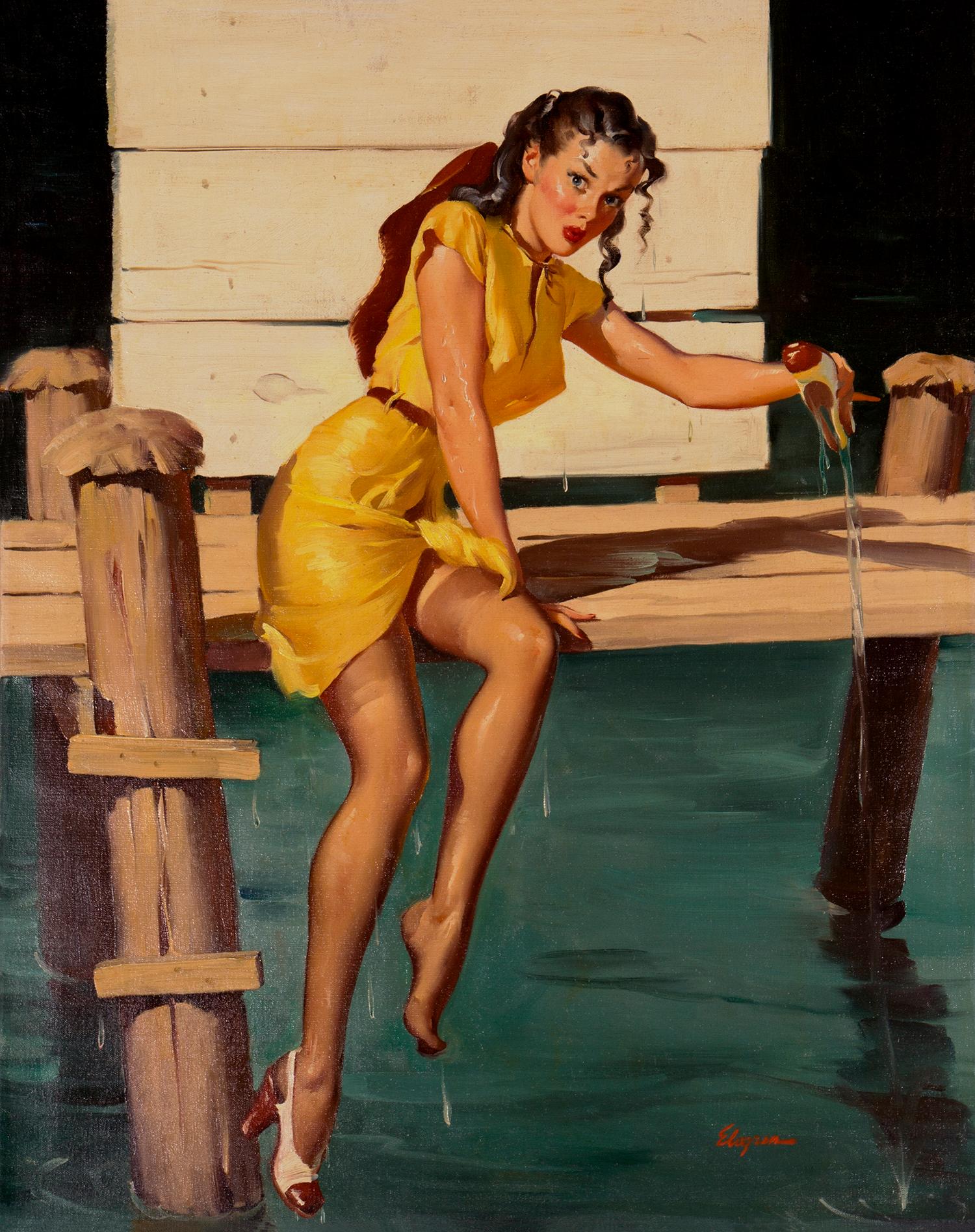 Gil Elvgren Figurative Painting - He Was Neither A Gentleman Nor A Sculler